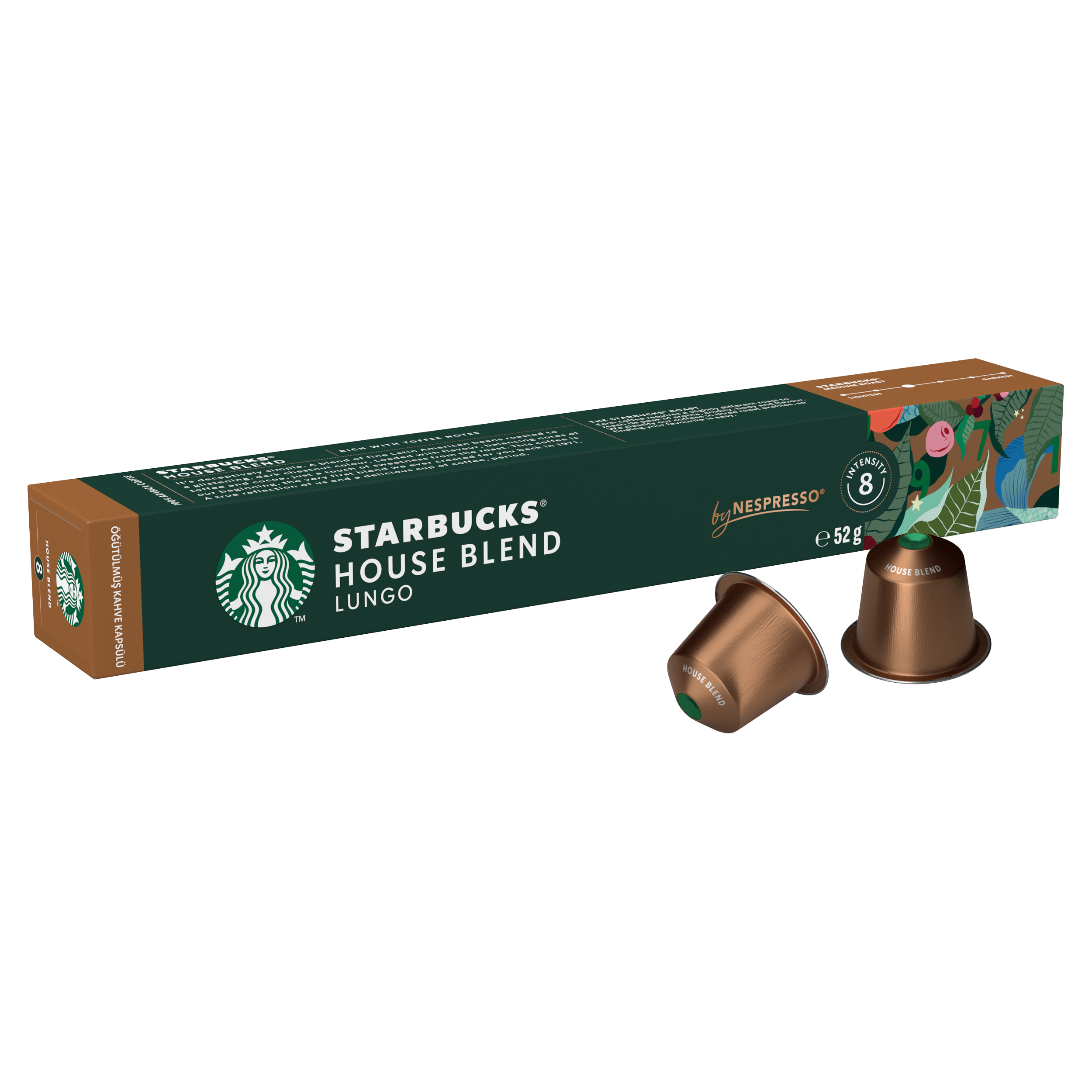 Una caja verde oscura y marrón de cápsulas Nespresso Starbucks House Blend Lungo con dos cápsulas delante.