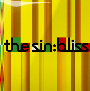 Gelber Hintergrund mit vertikalen braunen Streifen und dem schwarzen Text "the sin: bliss" mit roten und grünen Akzenten.