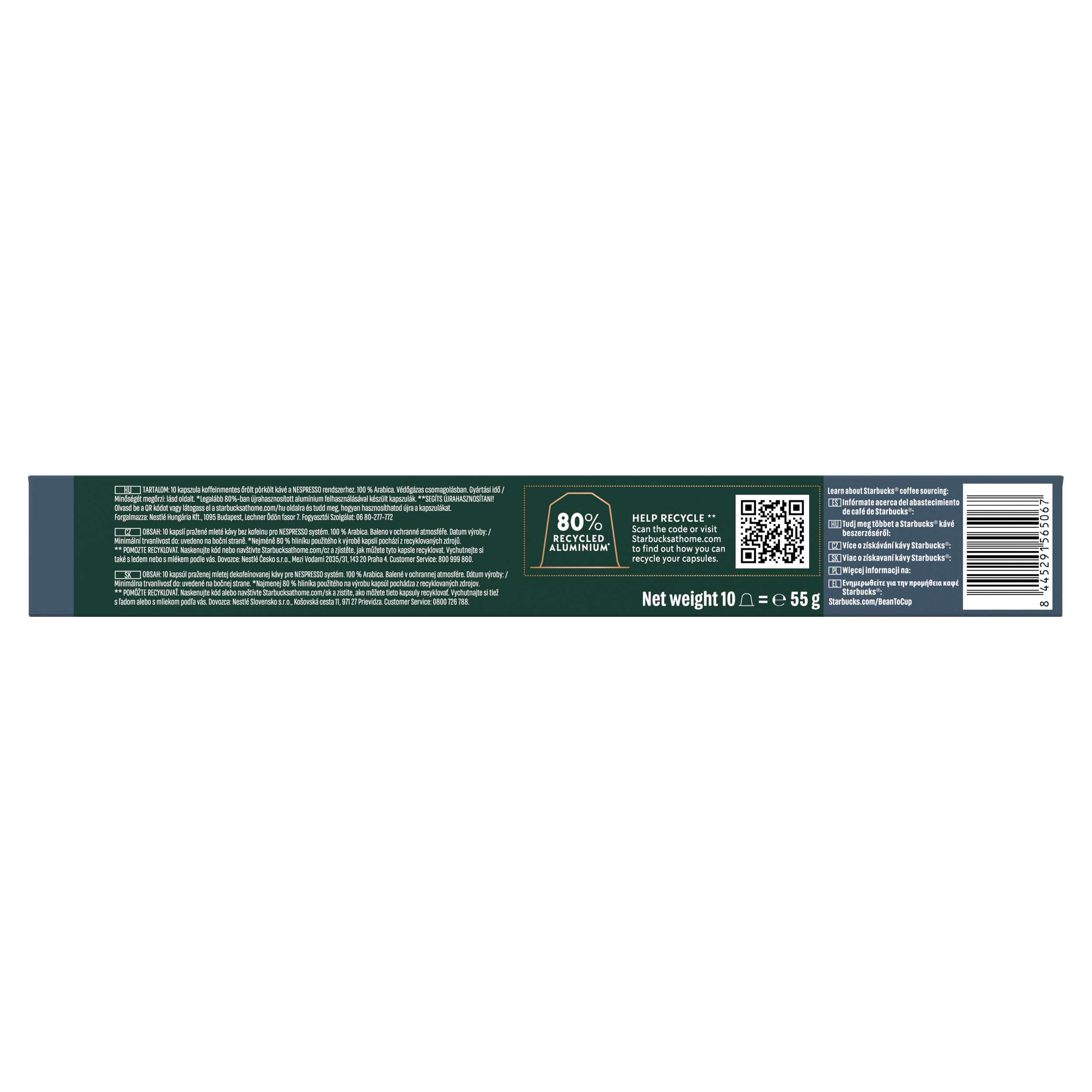 Parte trasera de un envase de cápsulas de café con texto, información de reciclaje, código QR y código de barras.