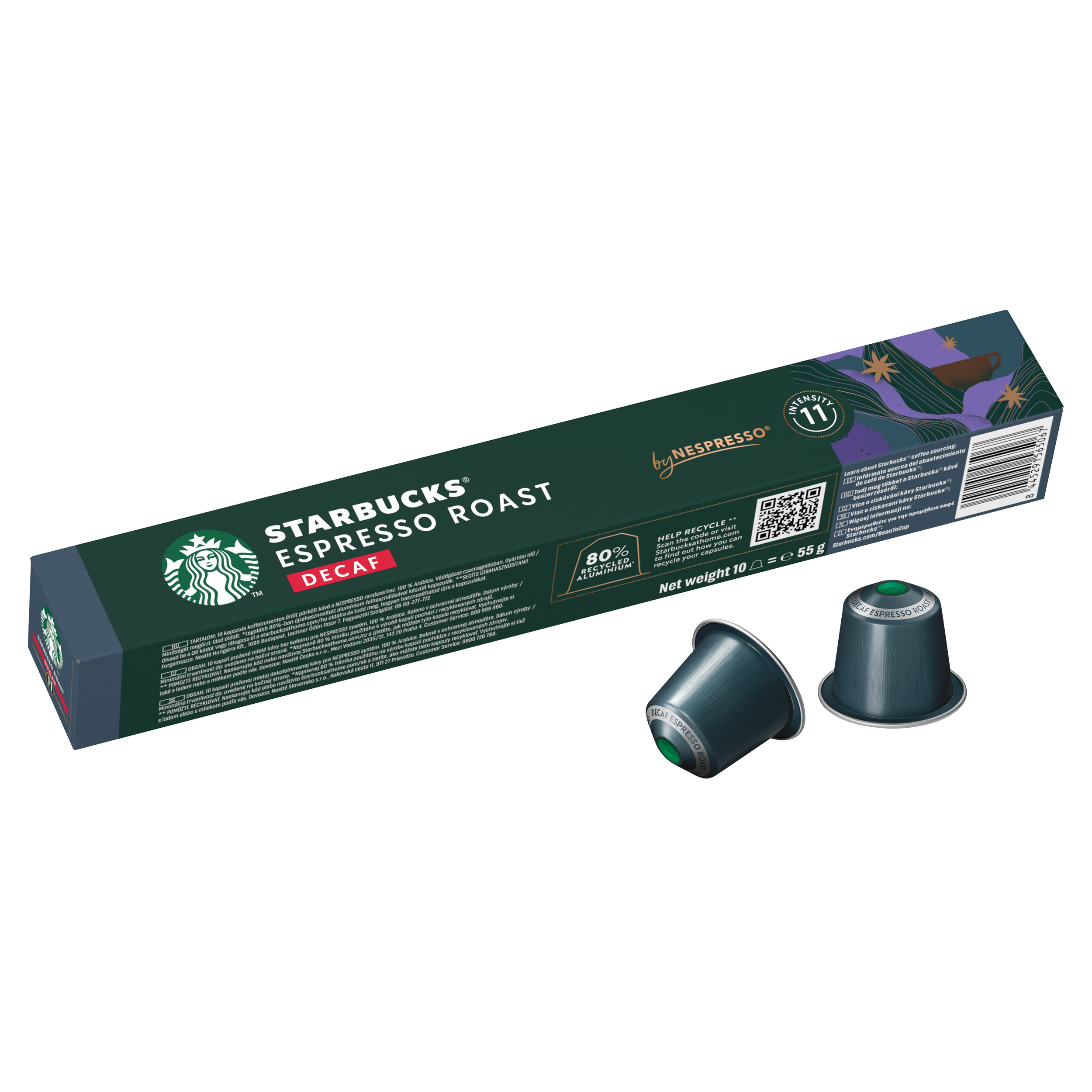 Caja verde de cápsulas de café Starbucks Espresso Roast Decaf con dos cápsulas sobre fondo blanco.