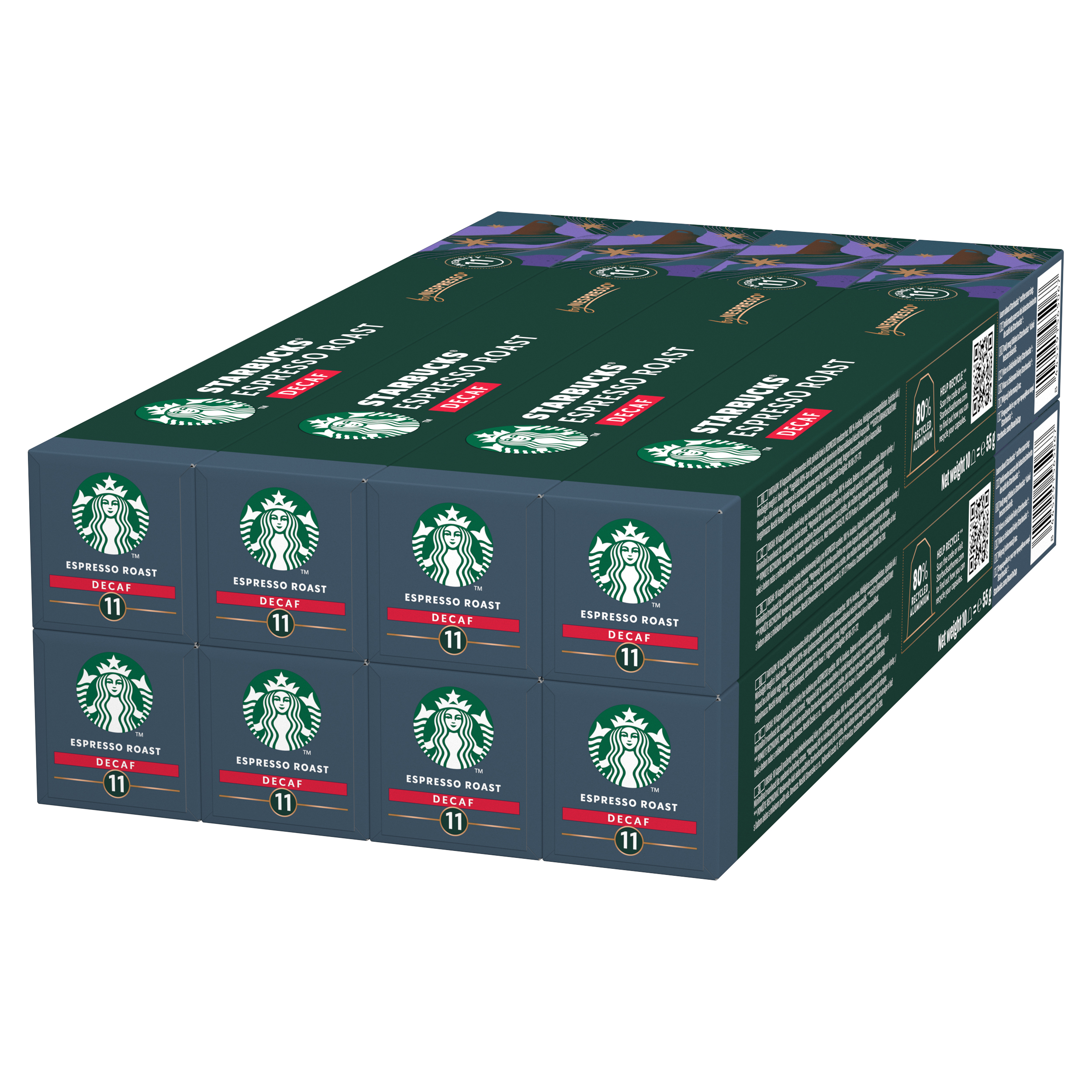 Pila de ocho paquetes de cápsulas de café Starbucks Espresso Roast Decaf en gris oscuro y verde.