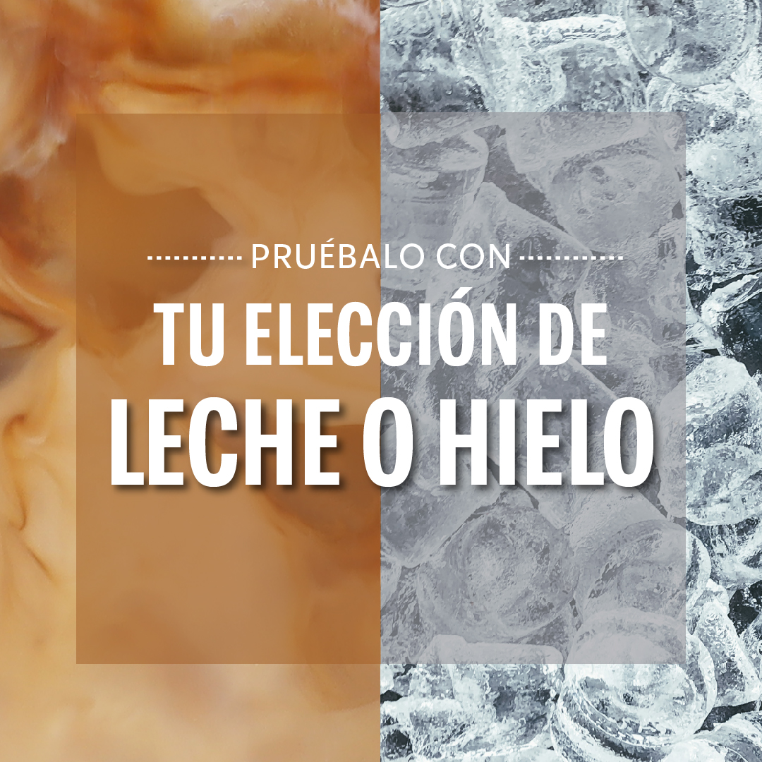 Una imagen dividida muestra leche mezclándose con café a la izquierda y cubos de hielo a la derecha, con texto.