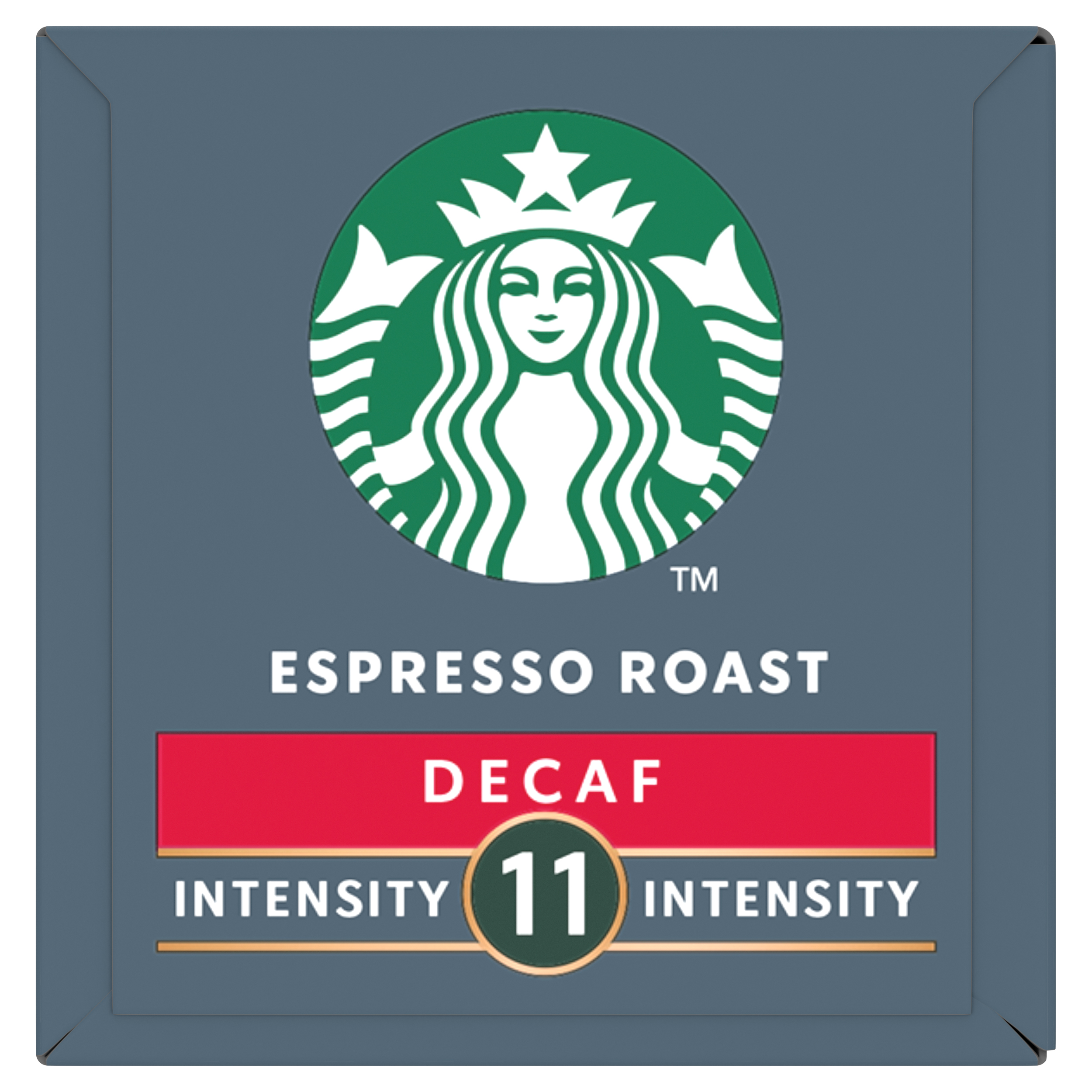 Envase de café Starbucks gris con logotipo verde, texto ESPRESSO ROAST, DECAF e intensidad 11.