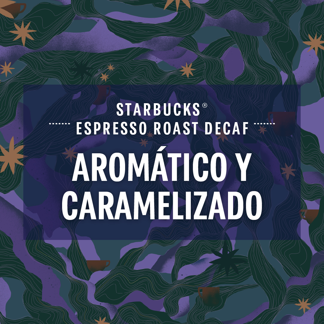 Empaque de café Starbucks con ondas, estrellas y texto sobre un fondo azul y morado.