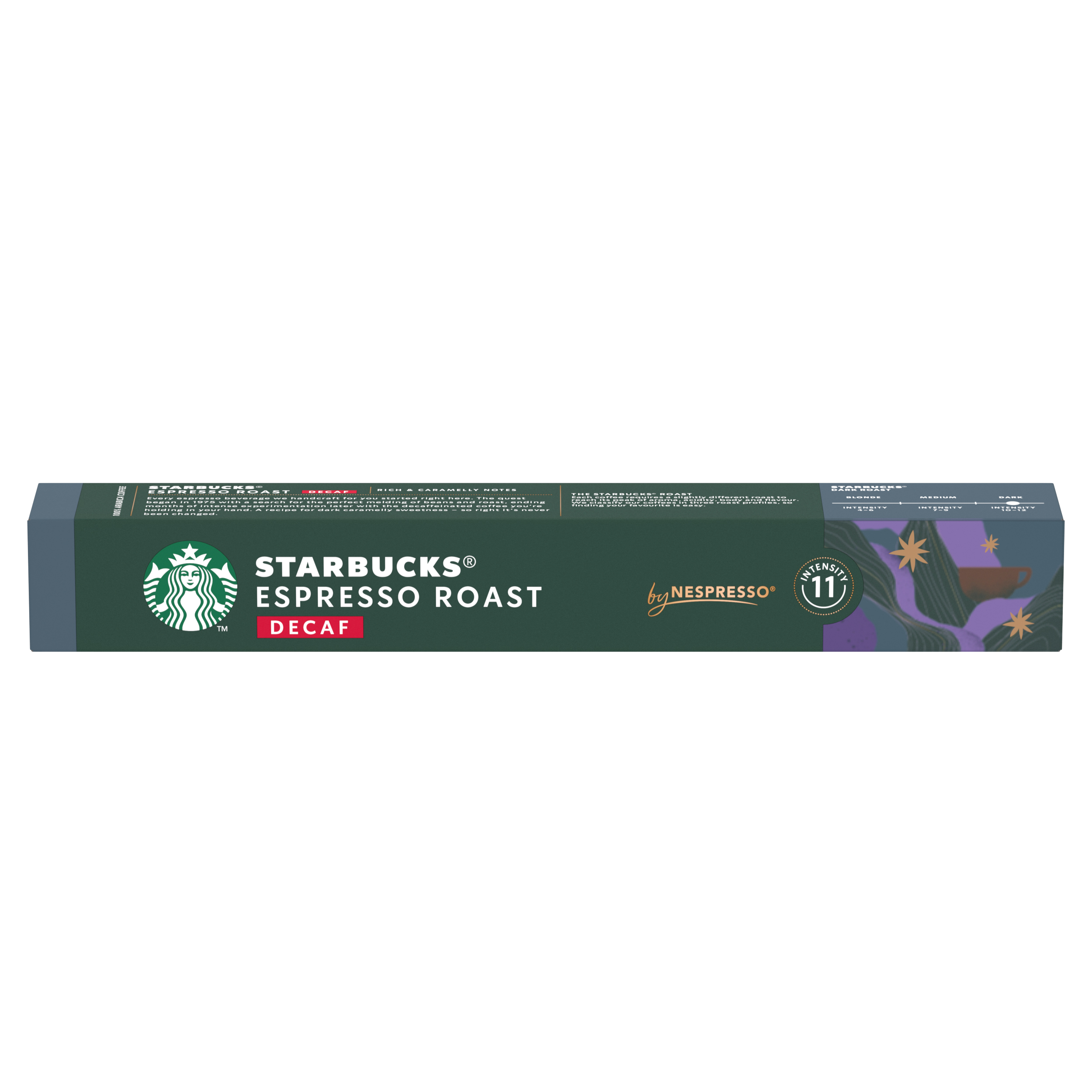 Caja de cápsulas de café Starbucks Espresso Roast Decaf verde oscura con texto blanco y logo de Nespresso.