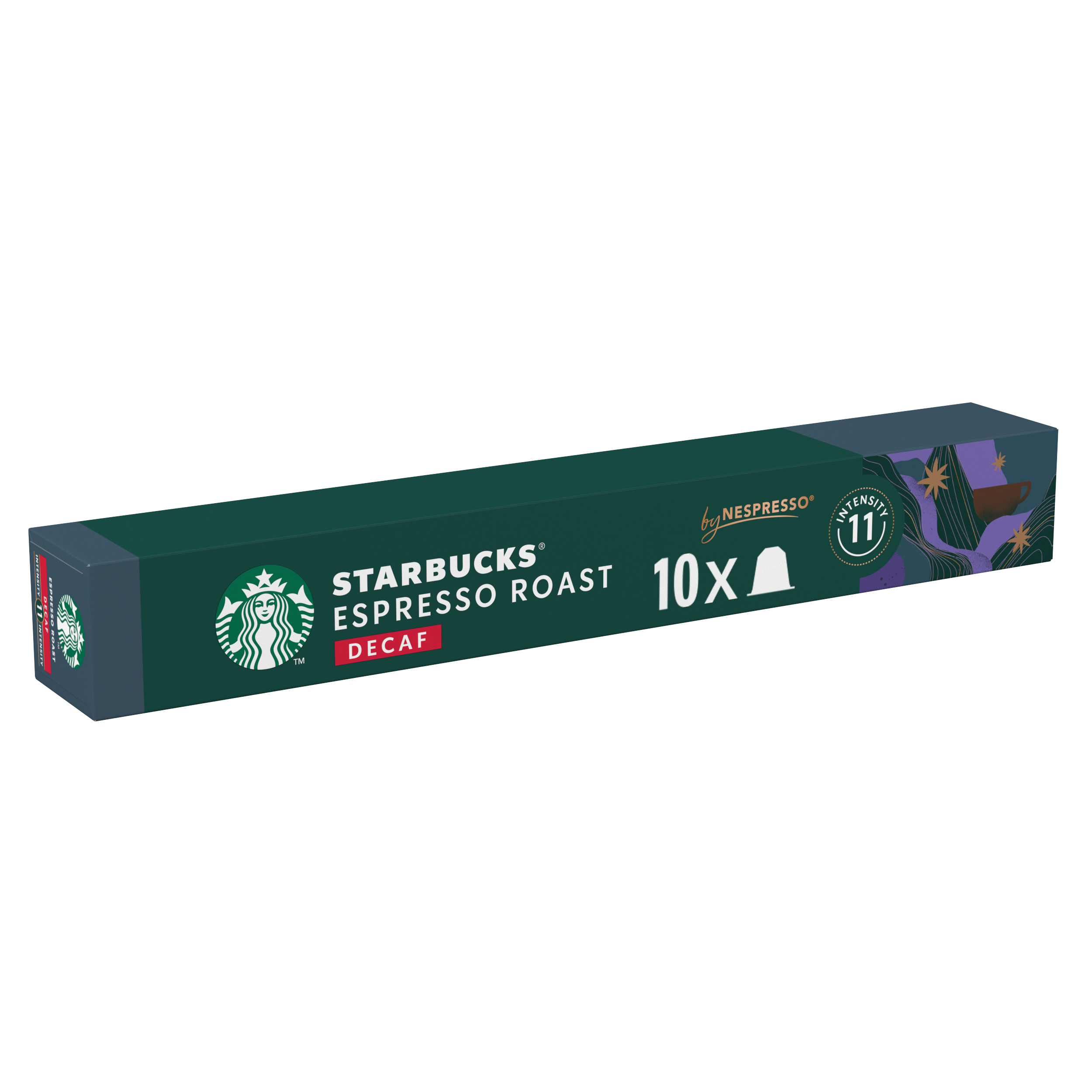 Una caja verde de cápsulas de café Starbucks Espresso Roast Decaf Nespresso.