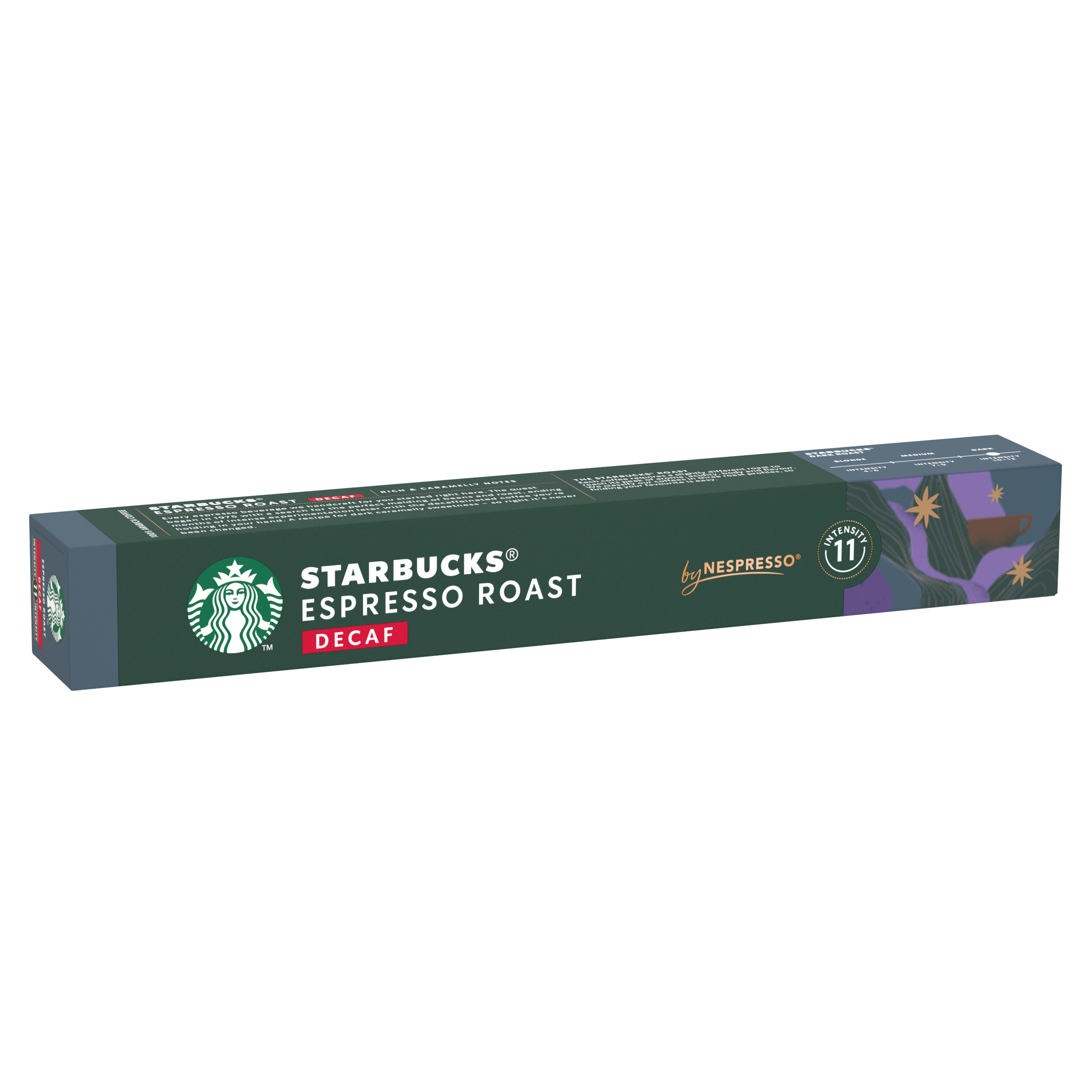 Una caja larga verde y azul de cápsulas de café Starbucks Espresso Roast Decaf para Nespresso.