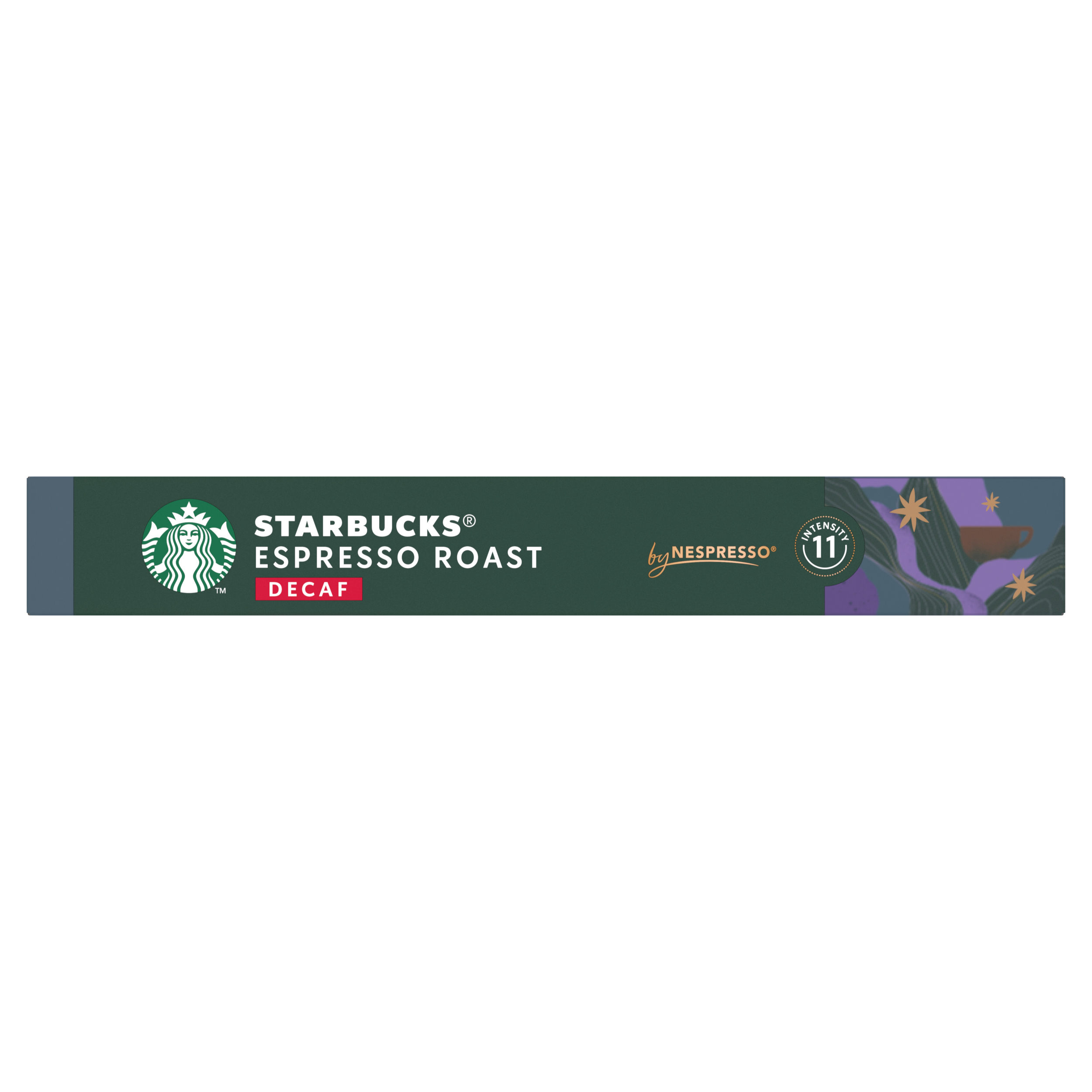 Una caja verde oscura de café descafeinado Starbucks Nespresso con texto blanco.