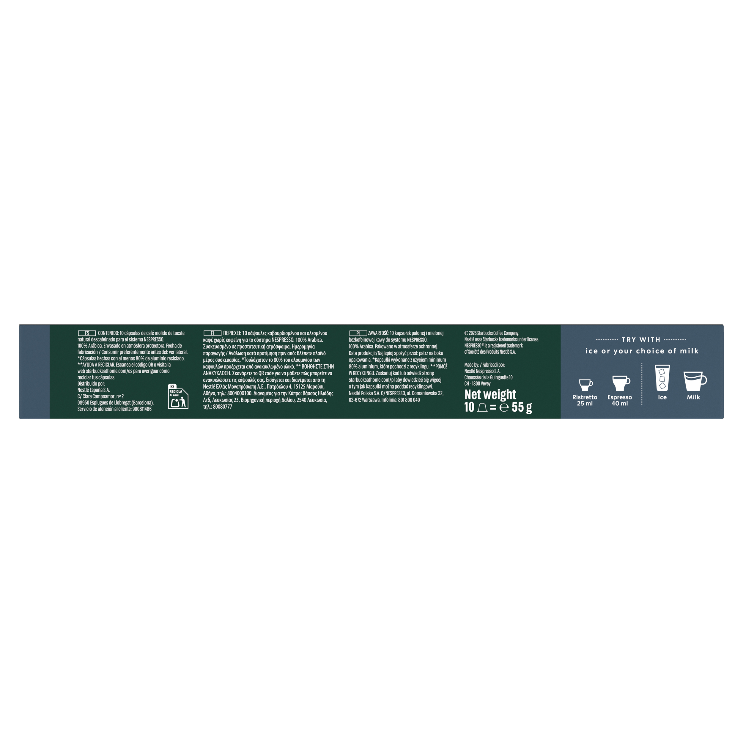 Parte trasera de una caja de cápsulas de café con texto, información del fabricante e iconos.