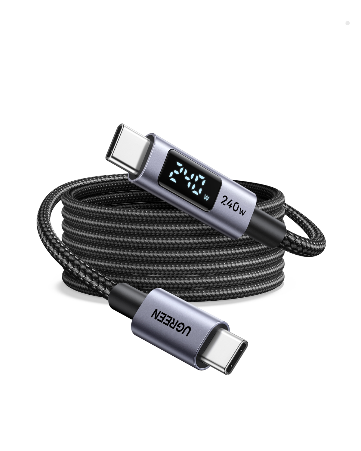 Dijital 240W ekranlı ve örgülü dış yüzeye sahip gri bir USB-C - USB-C kablosu.