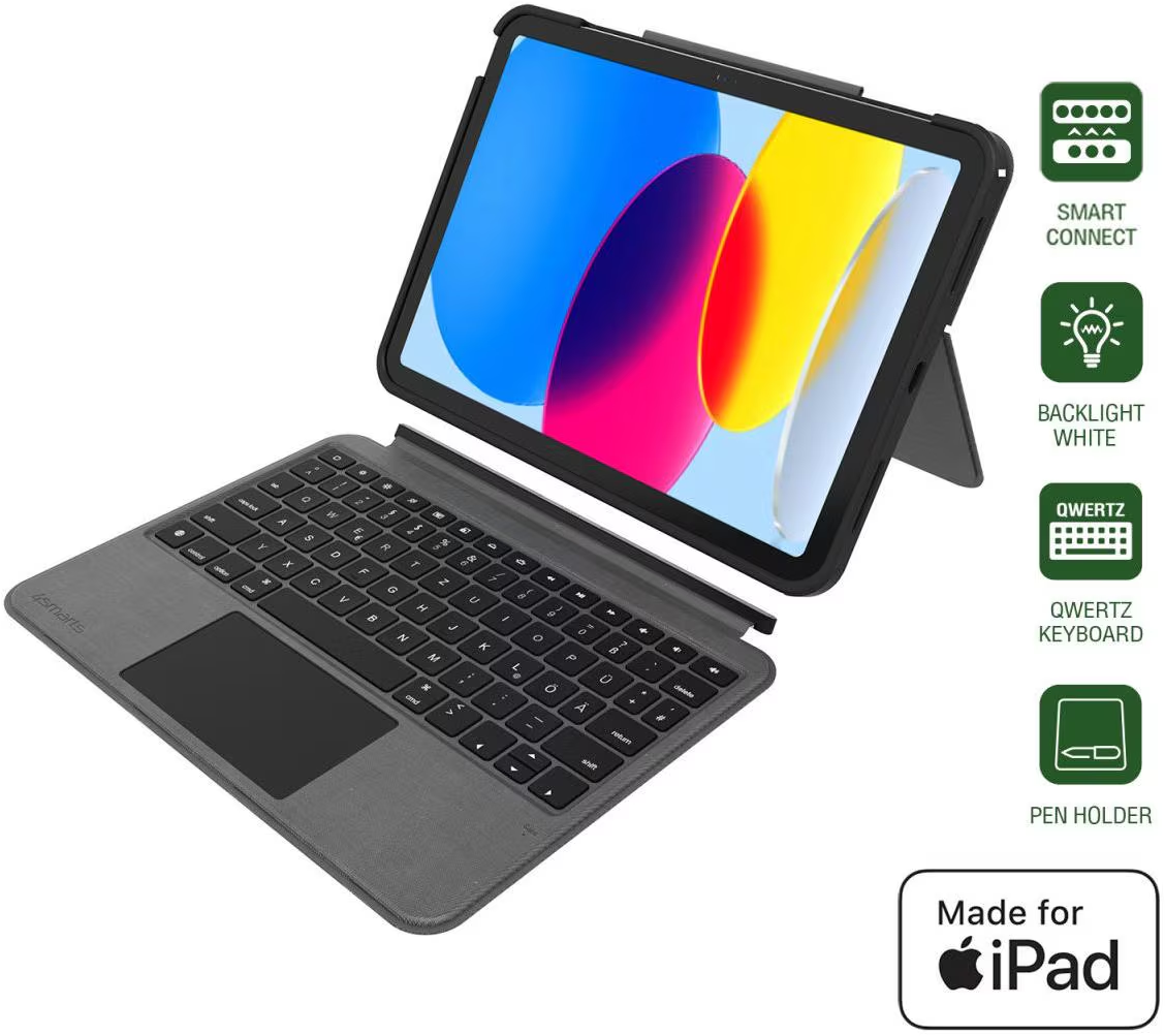 Une tablette noire dans un étui avec clavier QWERTZ et pavé tactile sur fond blanc avec des icônes de fonctionnalités.