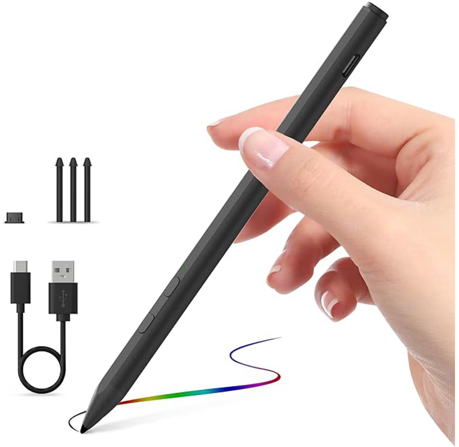 Mano che tiene una penna stilo nera che disegna una linea colorata, con cavo USB e punte a sinistra.