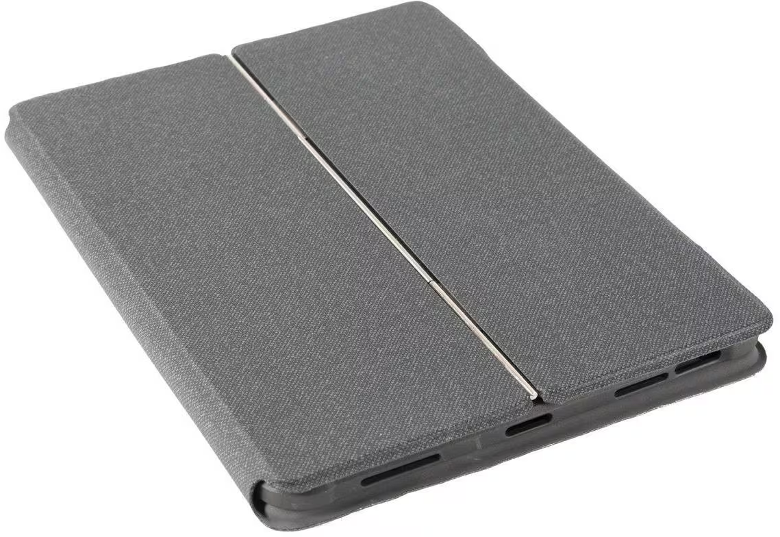 Étui de protection gris fermé pour tablette sur fond blanc.