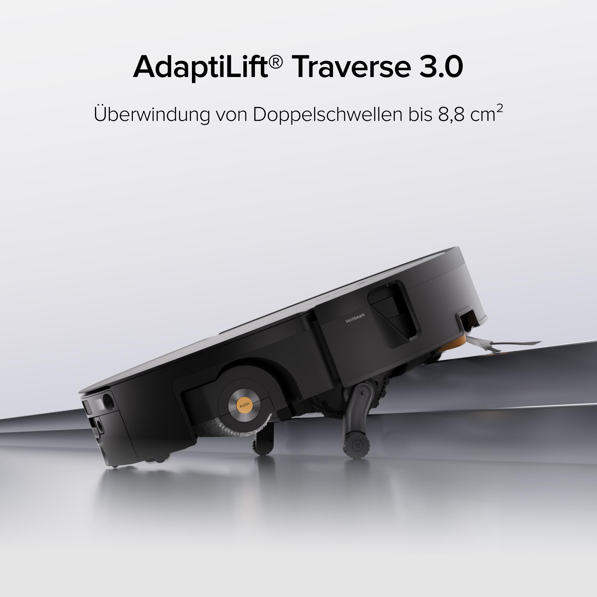 Schwarzer Saugroboter klettert mit AdaptiLift über ein Hindernis.