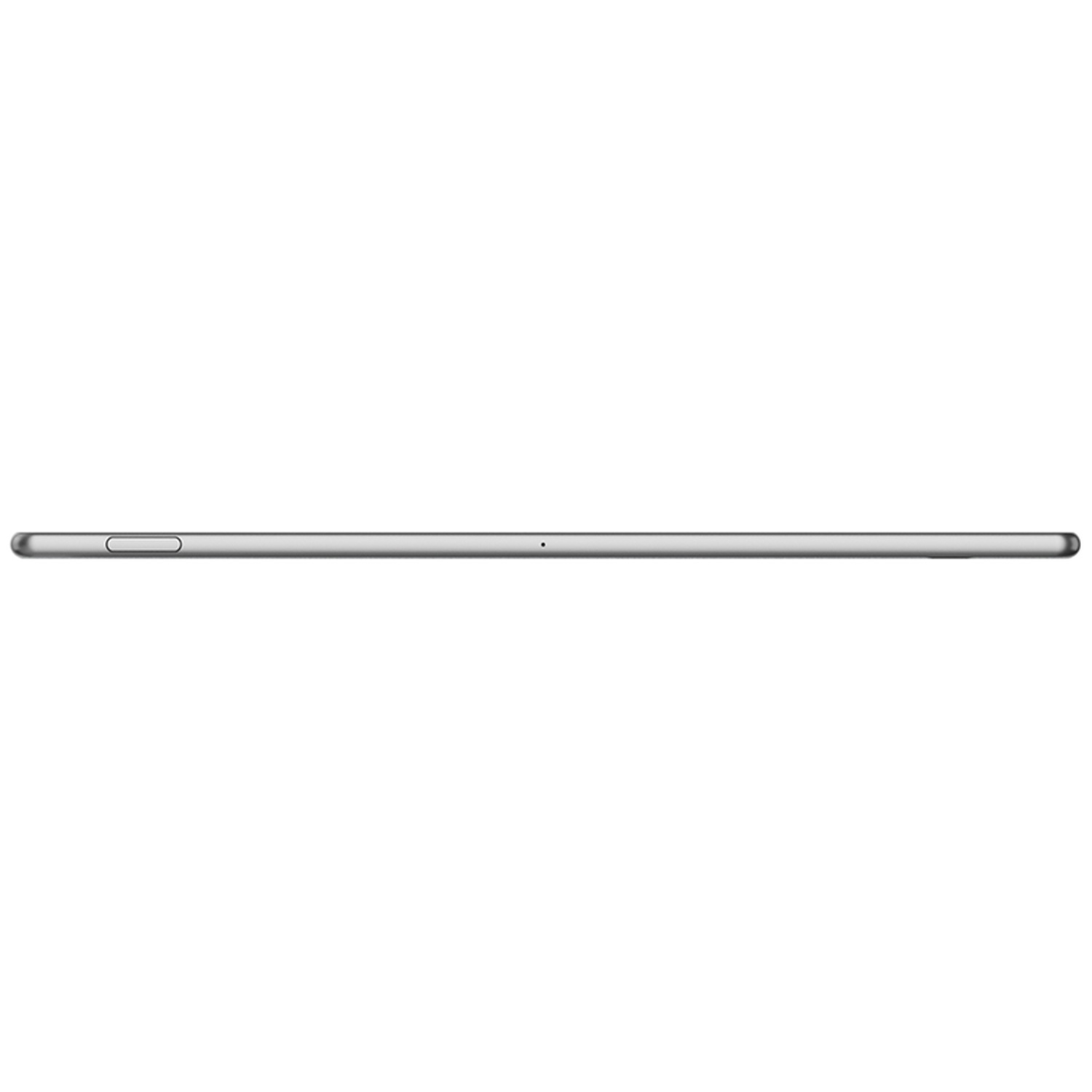 Zijaanzicht van een slanke zilveren tablet met aan-uitknop en microfoongat op een witte achtergrond.