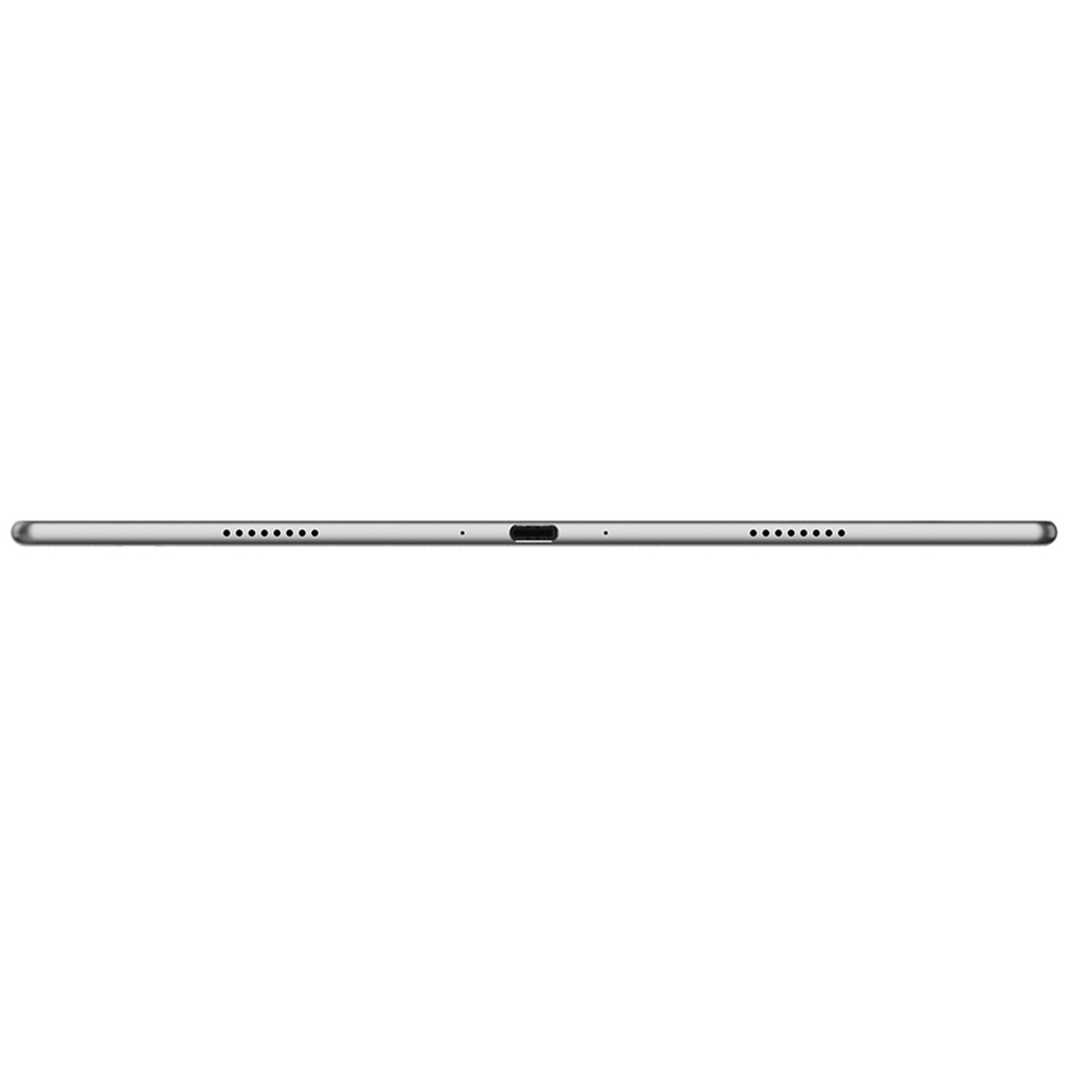 Onderkant van een zilveren tablet met USB-C-poort en luidsprekers op een witte achtergrond.