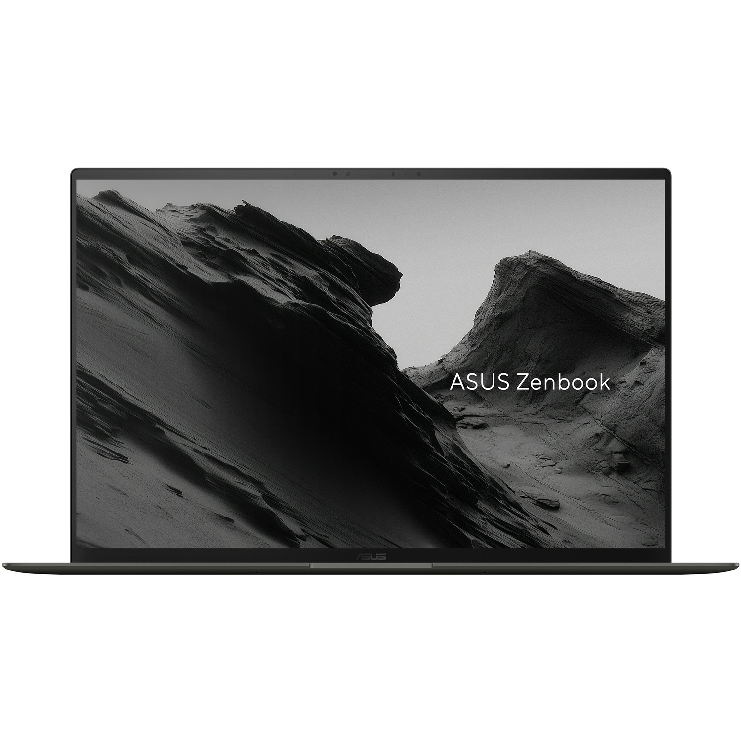 ASUS Zenbook laptop met zwart-witte bergwacht op het scherm.