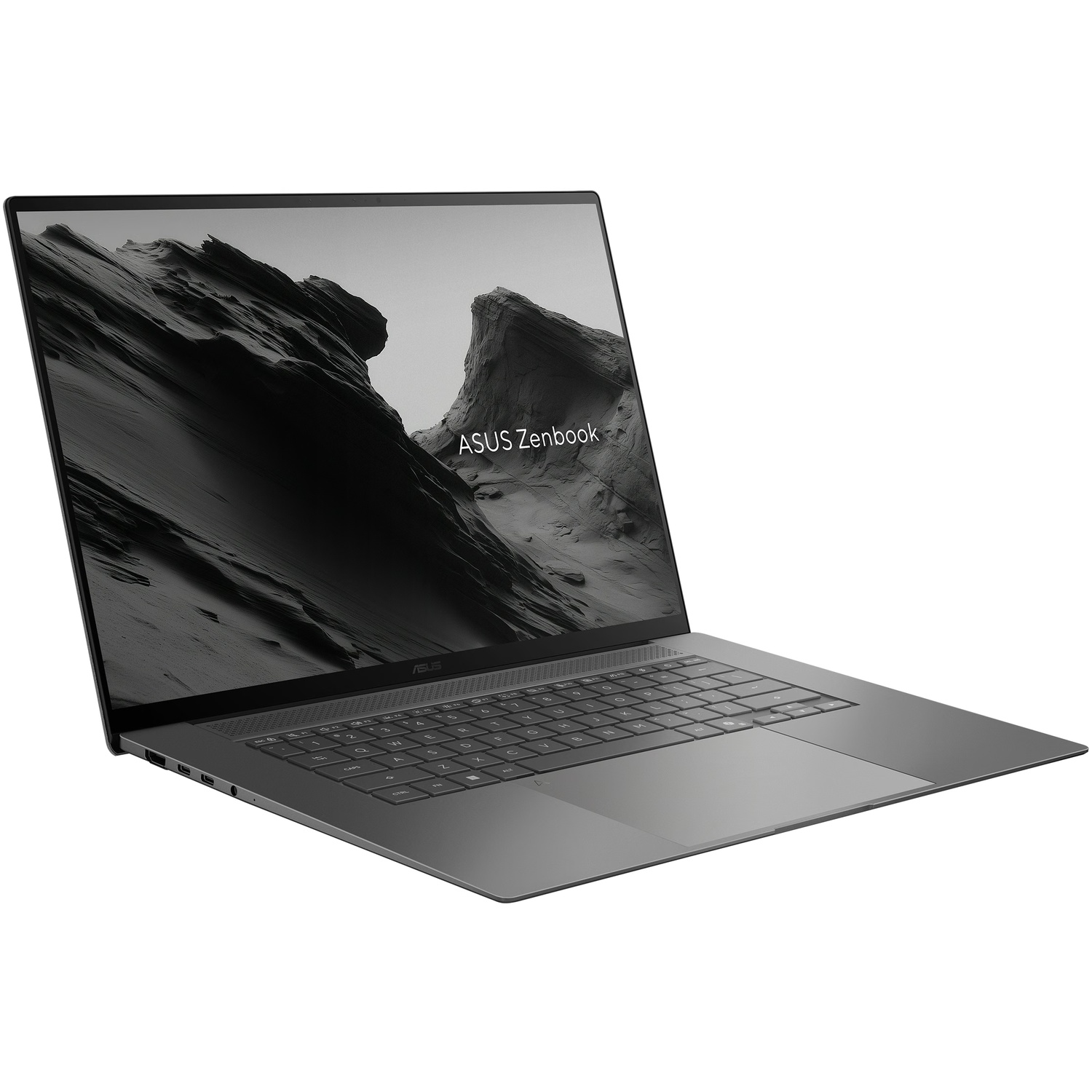 Een grijze Asus Zenbook laptop op een witte achtergrond, met een berglandschap op het scherm.
