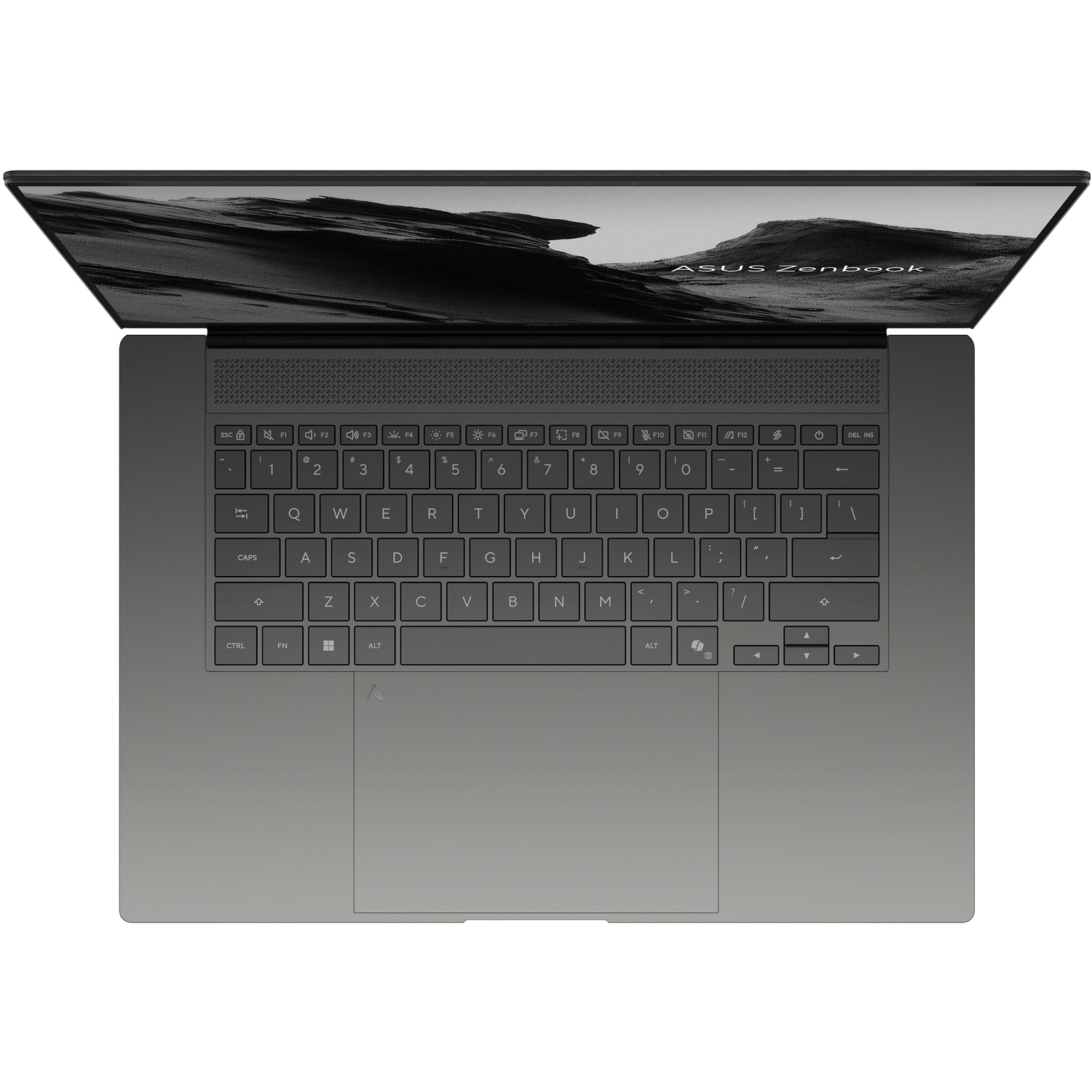 Grijze Asus Zenbook laptop van boven gezien, met open scherm en zwart QWERTY-toetsenbord.