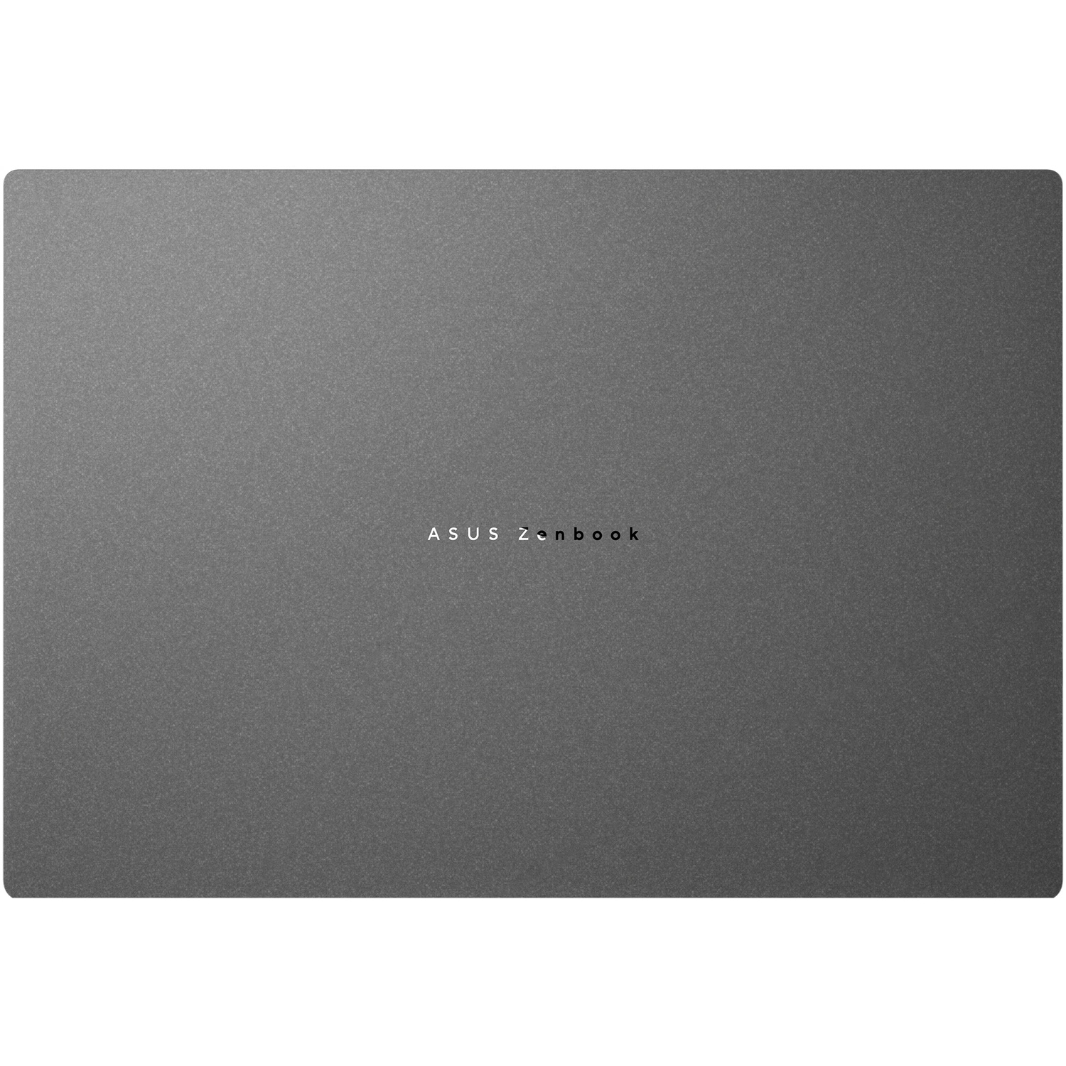 De gesloten grijze deksel van een Asus Zenbook-laptop, met een gecentreerd zilveren logo.