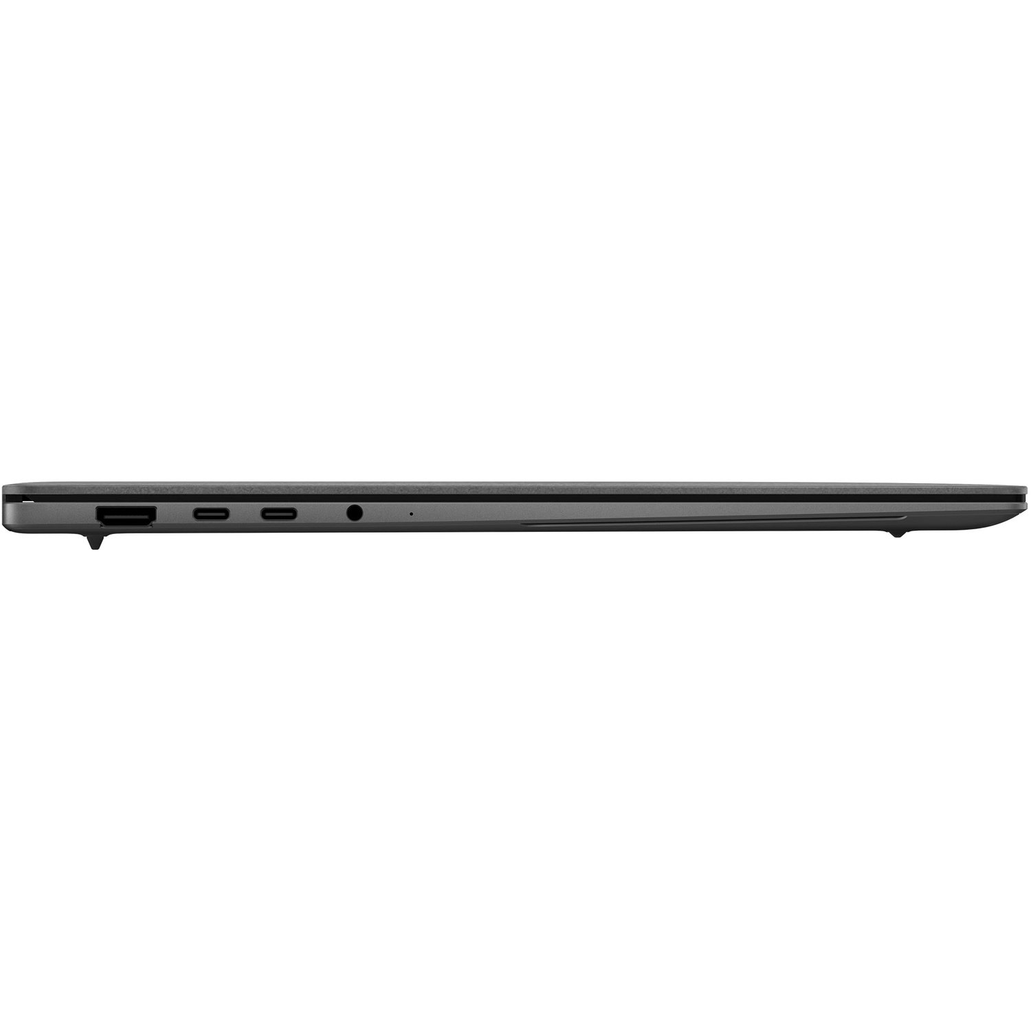 Linkerkant van een gesloten donkere laptop met verschillende poorten, tegen een witte achtergrond.