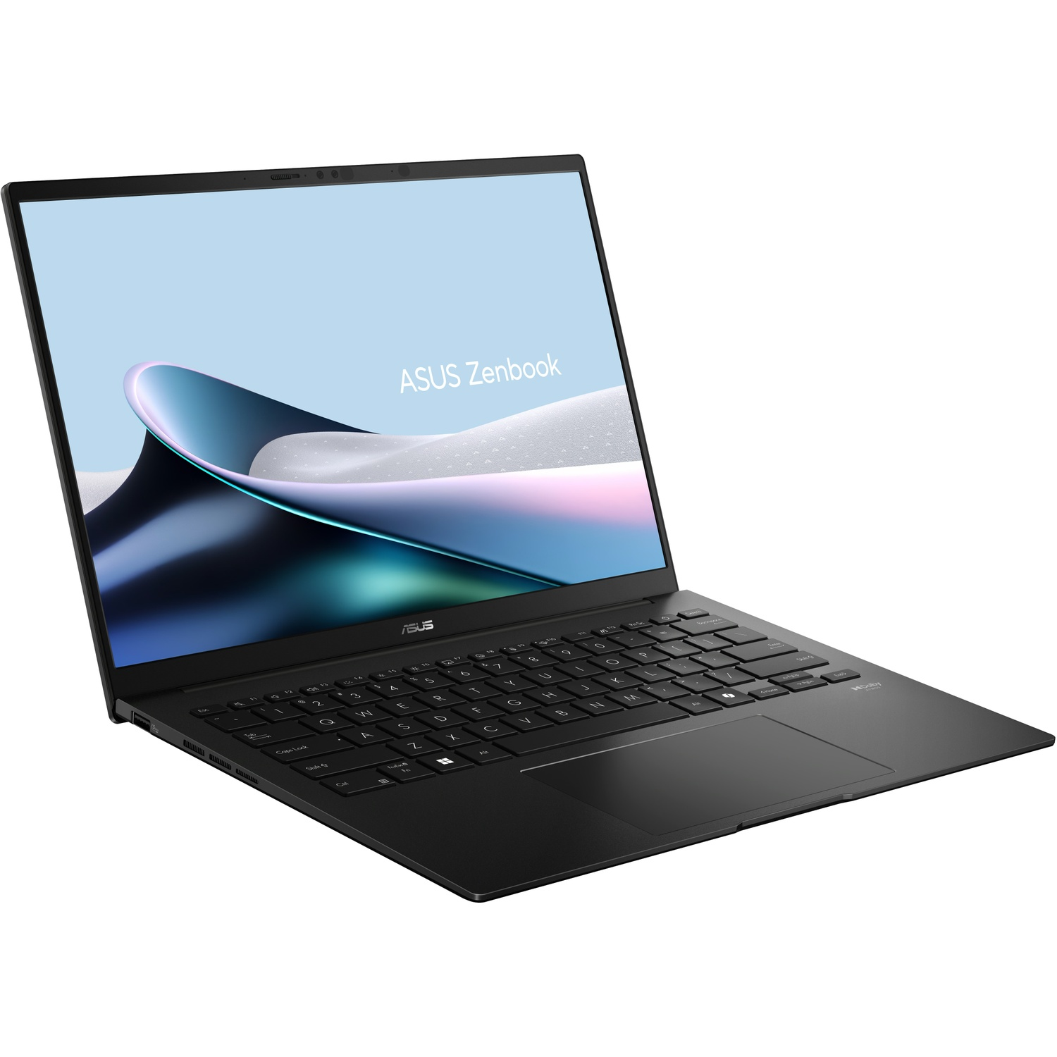 Un élégant ordinateur portable Asus Zenbook noir ouvert avec son écran affichant un fond d'écran bleu abstrait.
