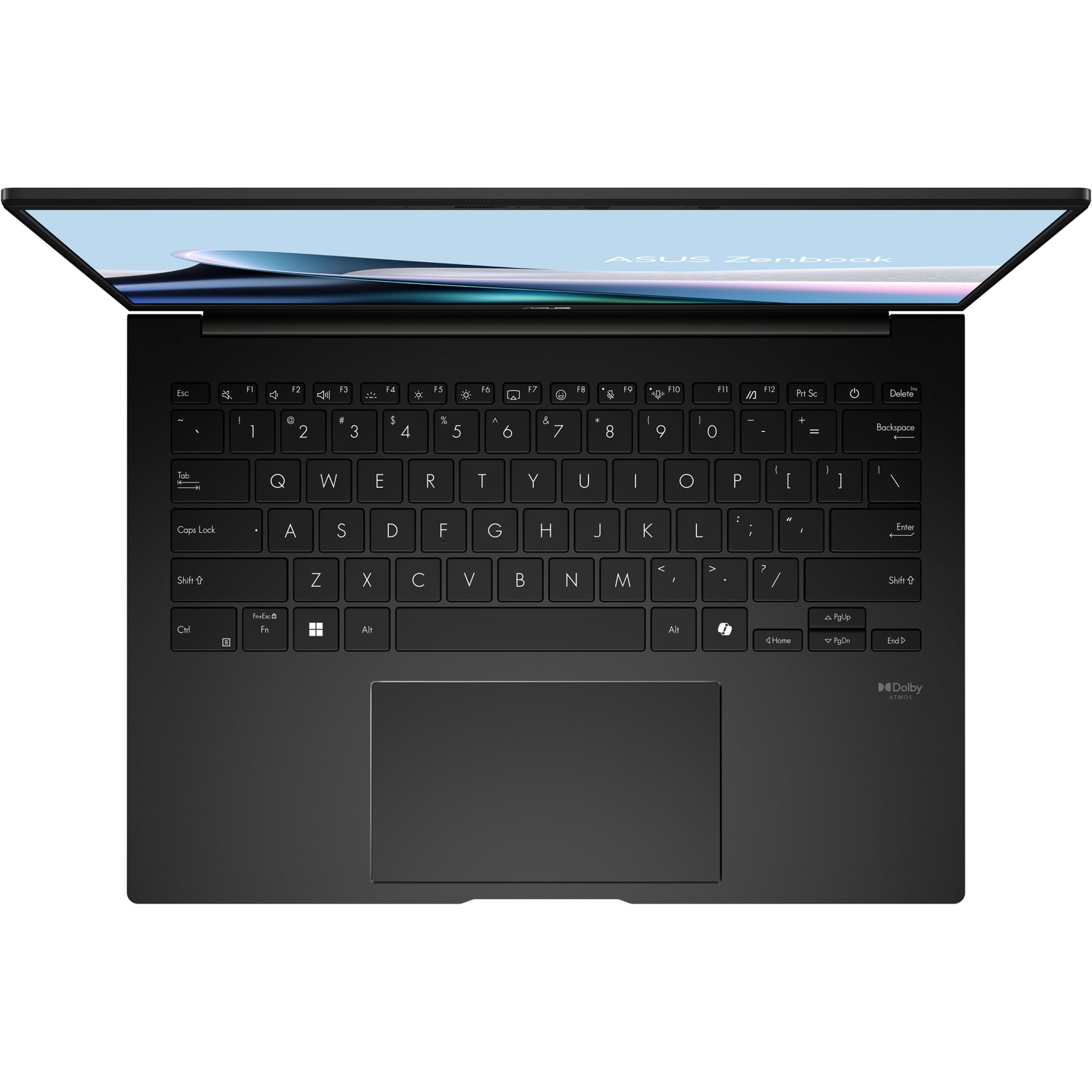 Vue de dessus d'un ordinateur portable Asus Zenbook noir avec clavier, pavé tactile et écran.