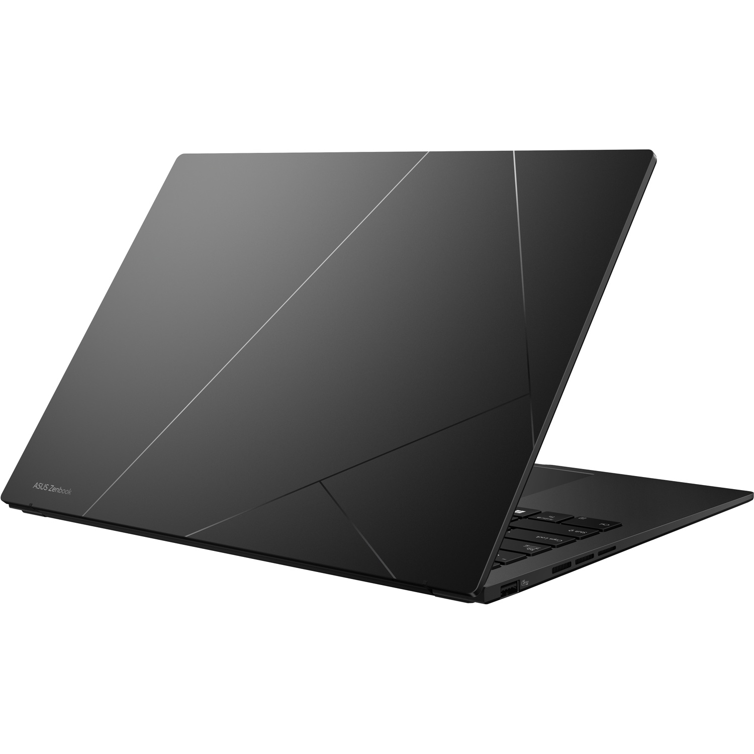 Un ordinateur portable noir ASUS ZenBook légèrement ouvert sur fond blanc.
