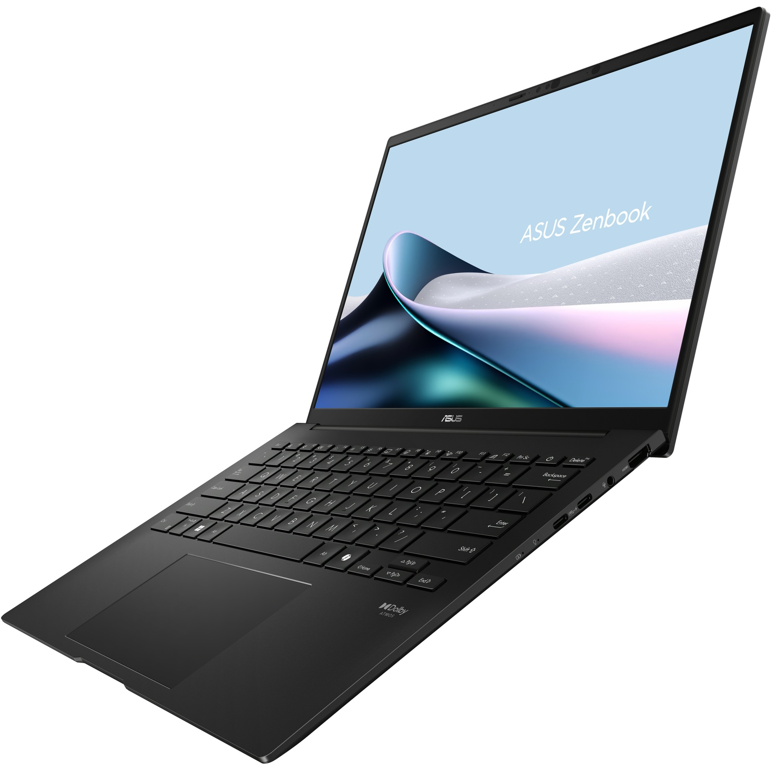 Ordinateur portable Asus Zenbook noir ouvert en biais, avec le logo Asus Zenbook sur l'écran sur fond blanc.