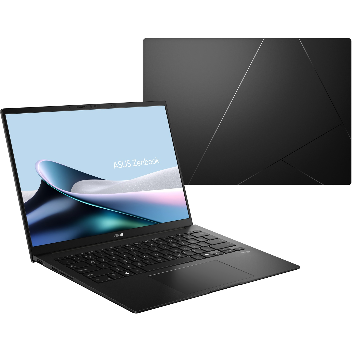 Un ordinateur portable ASUS Zenbook noir vu de face et du dessus avec un écran stylisé.