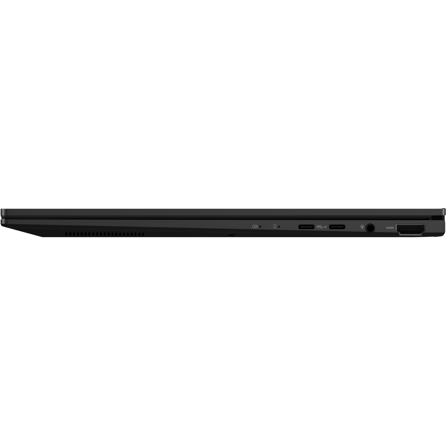 Vue latérale d'un ordinateur portable noir montrant des ports comme USB-C et HDMI sur fond blanc.