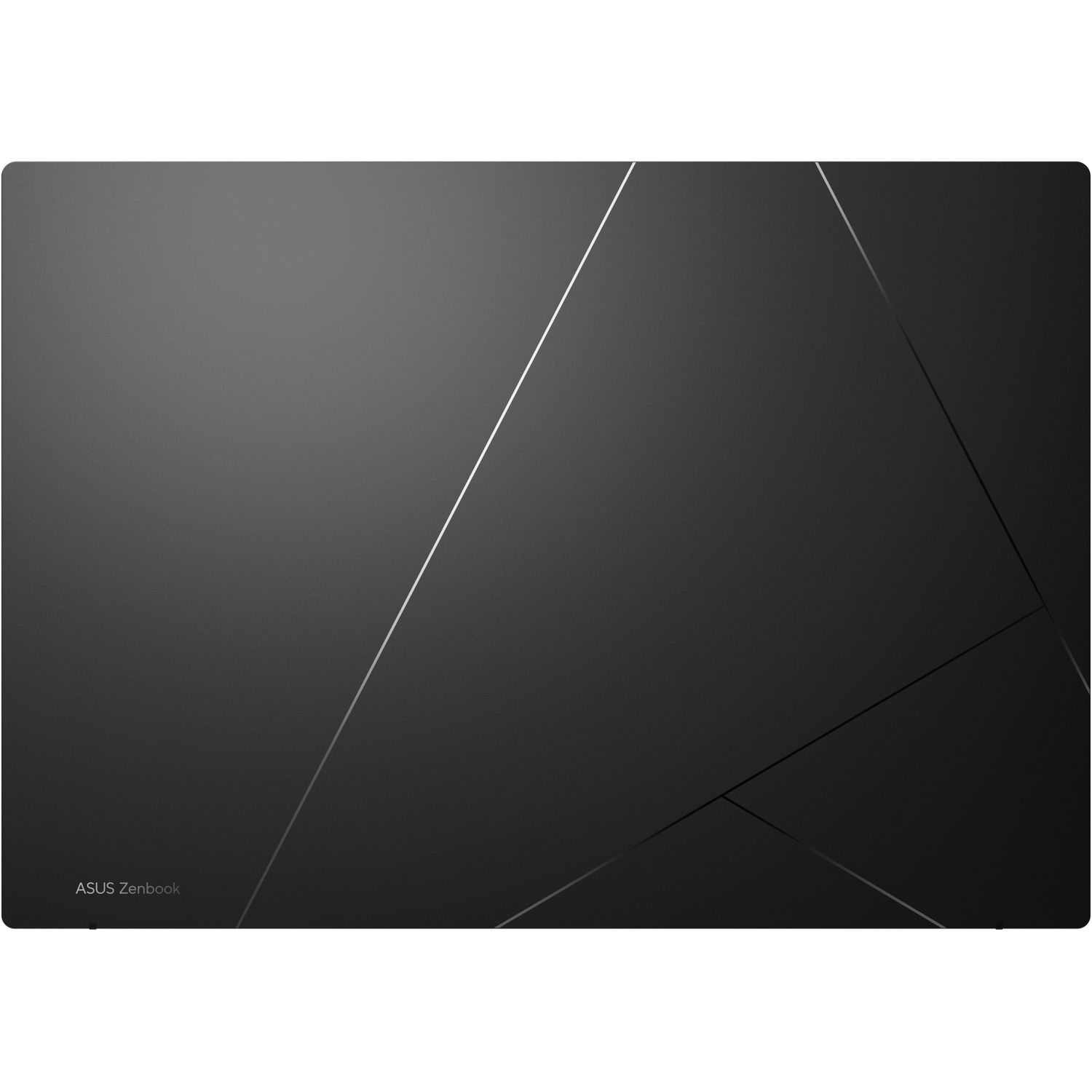 Surface de couvercle Asus Zenbook gris foncé avec motif de lignes géométriques et logo.