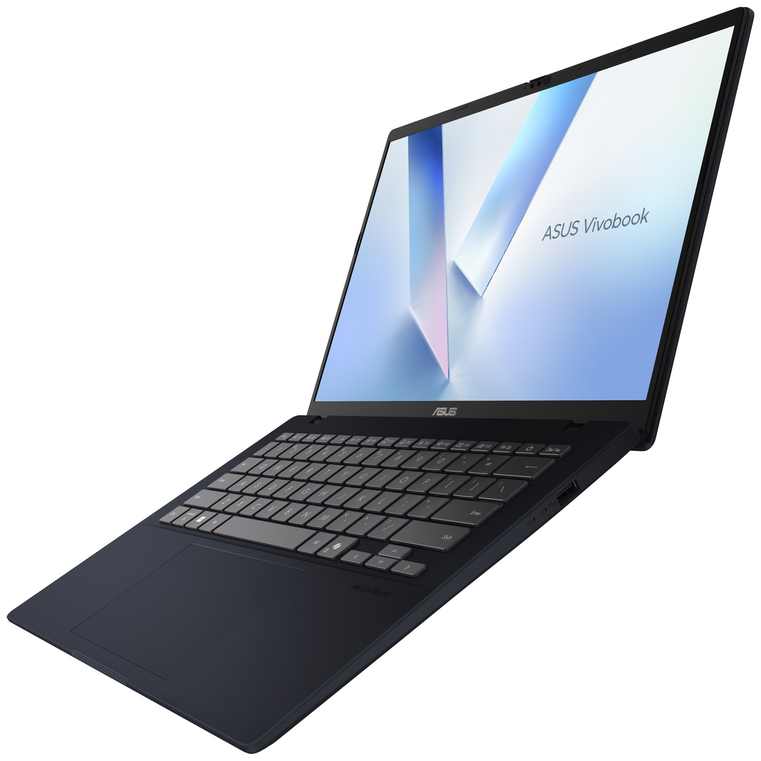 Een zwarte ASUS Vivobook laptop met blauw scherm en open toetsenbord, bekeken vanuit een lage hoek.