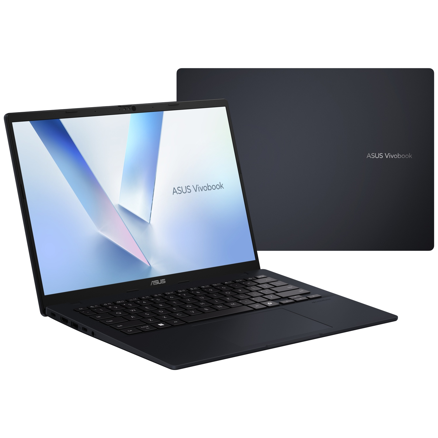 Een open zwarte ASUS Vivobook-laptop wordt weergegeven, met het gesloten deksel op de achtergrond.