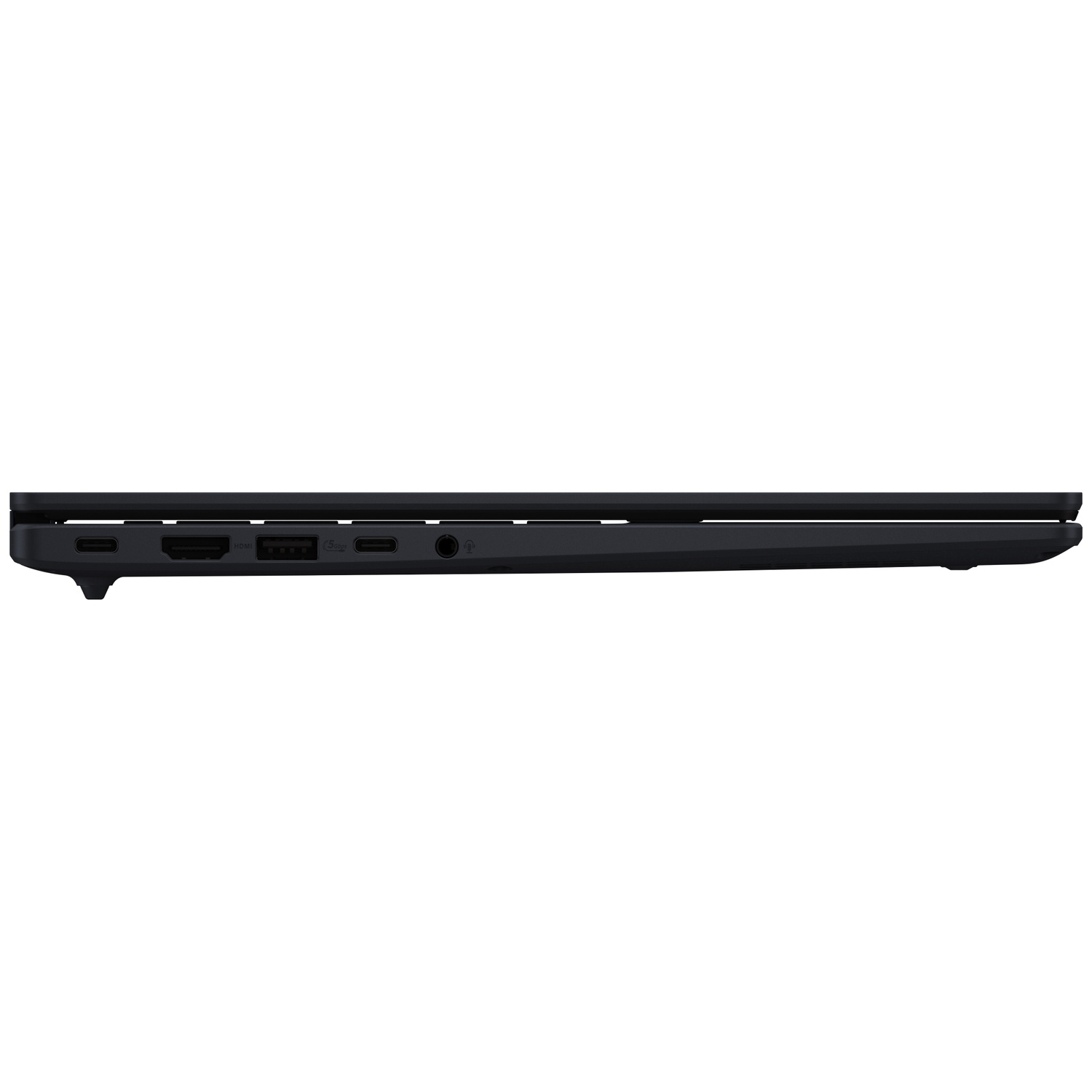 Zijaanzicht van een gesloten laptop met USB-C-, HDMI- en USB-poorten.