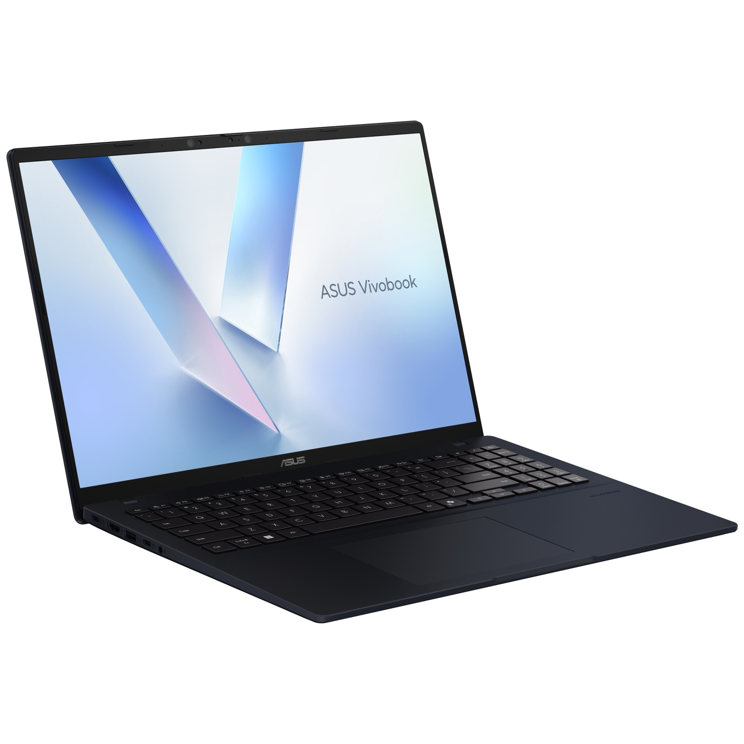 Een zwarte ASUS Vivobook laptop met blauw scherm en open deksel tegen een witte achtergrond.