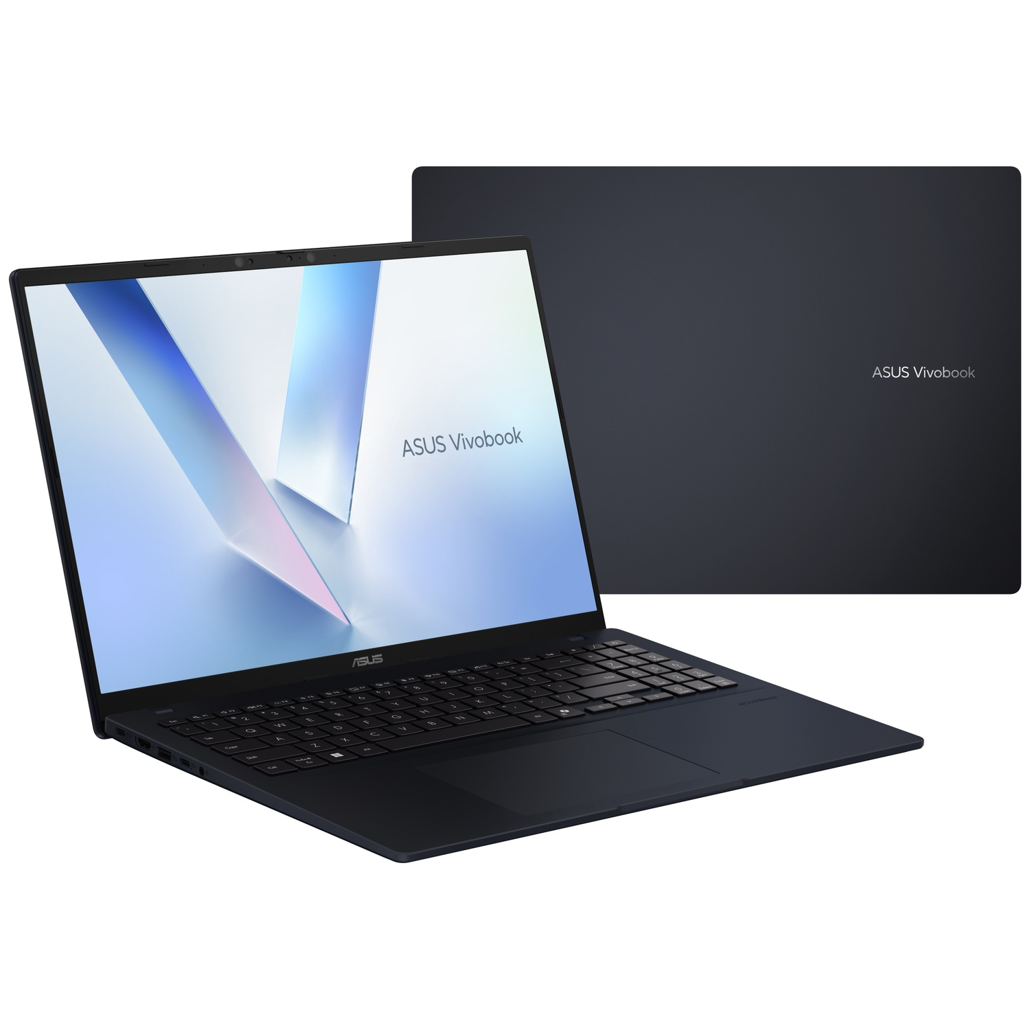Een blauwe ASUS Vivobook laptop open van voren en gesloten op de achtergrond tegen een witte achtergrond.