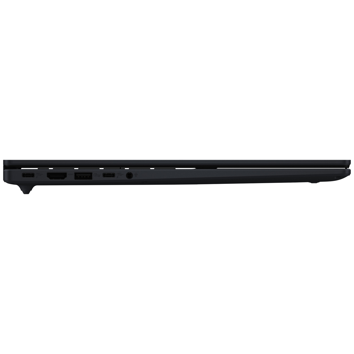 Zijaanzicht van een gesloten zwarte laptop met diverse zichtbare poorten.