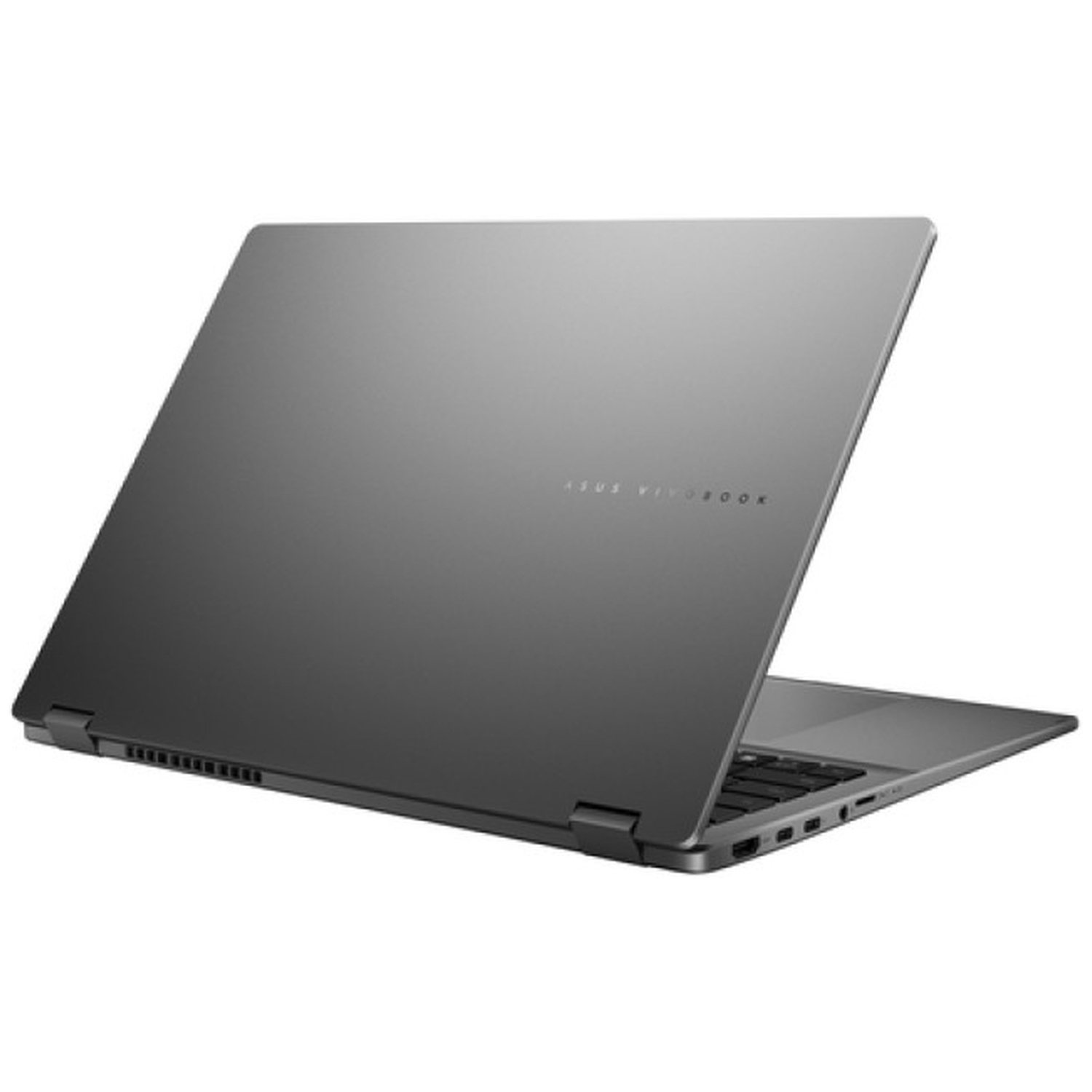 Un ordinateur portable Asus VivoBook gris vu de dos, montrant son design élégant.