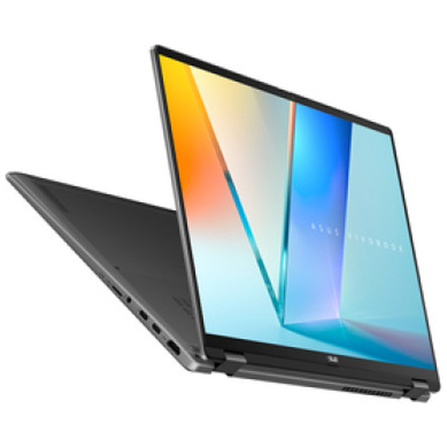 Un ordinateur portable Asus Vivobook gris ouvert sur un fond blanc, affichant un écran coloré.