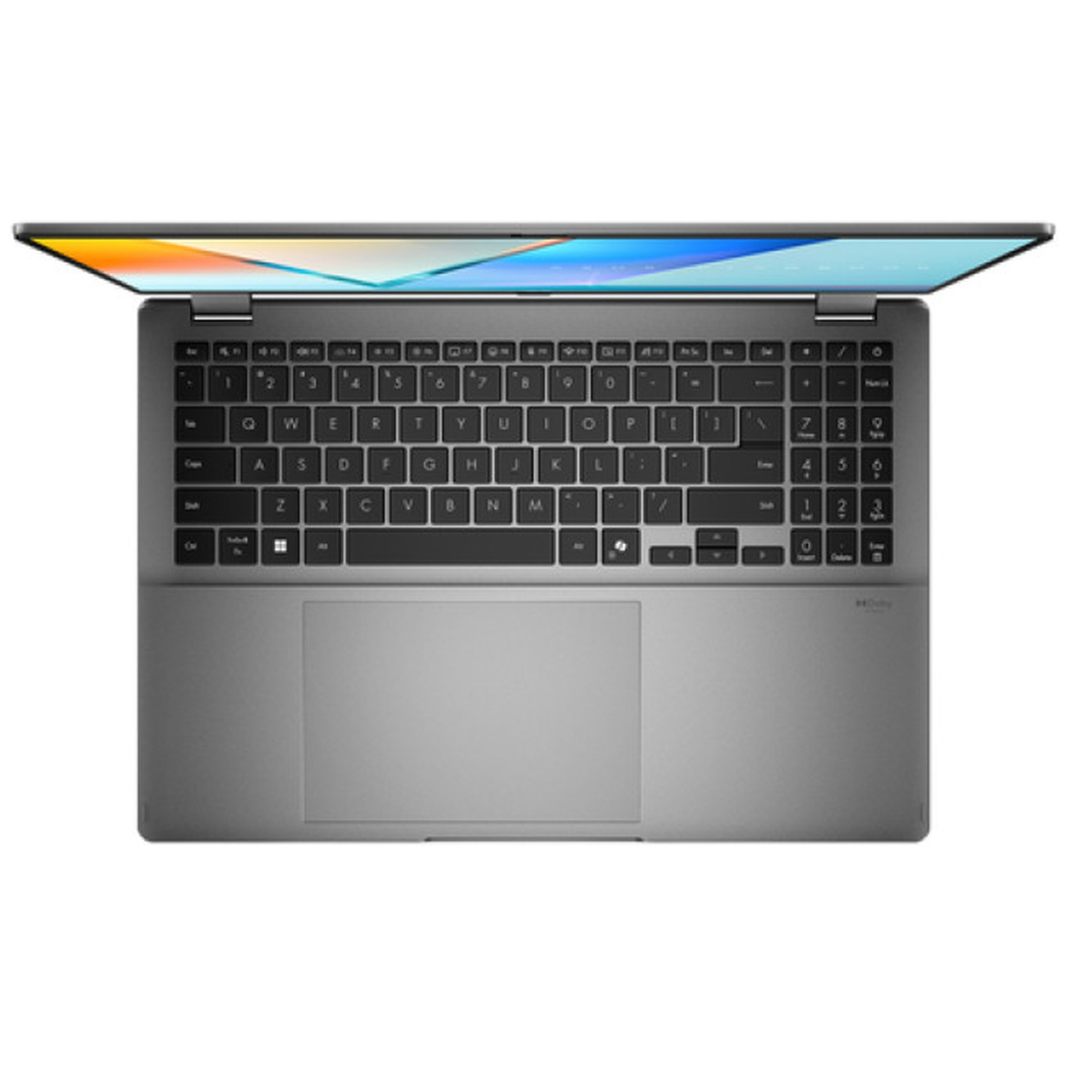 Vue de dessus d'un ordinateur portable gris ouvert affichant son écran, son clavier QWERTY et son pavé tactile.