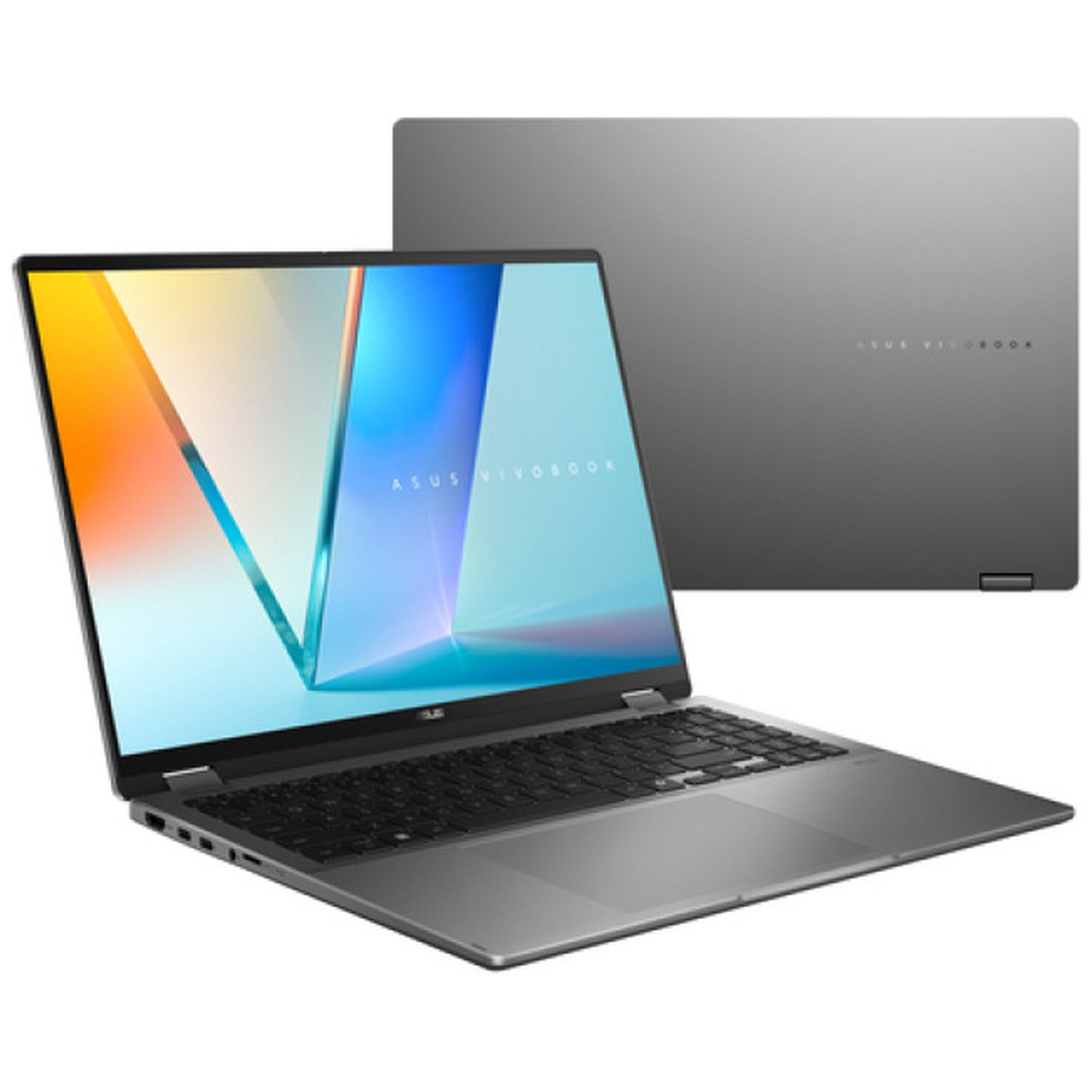 Ordinateur portable gris Asus Vivobook avec écran coloré ouvert et vue fermée en arrière-plan.