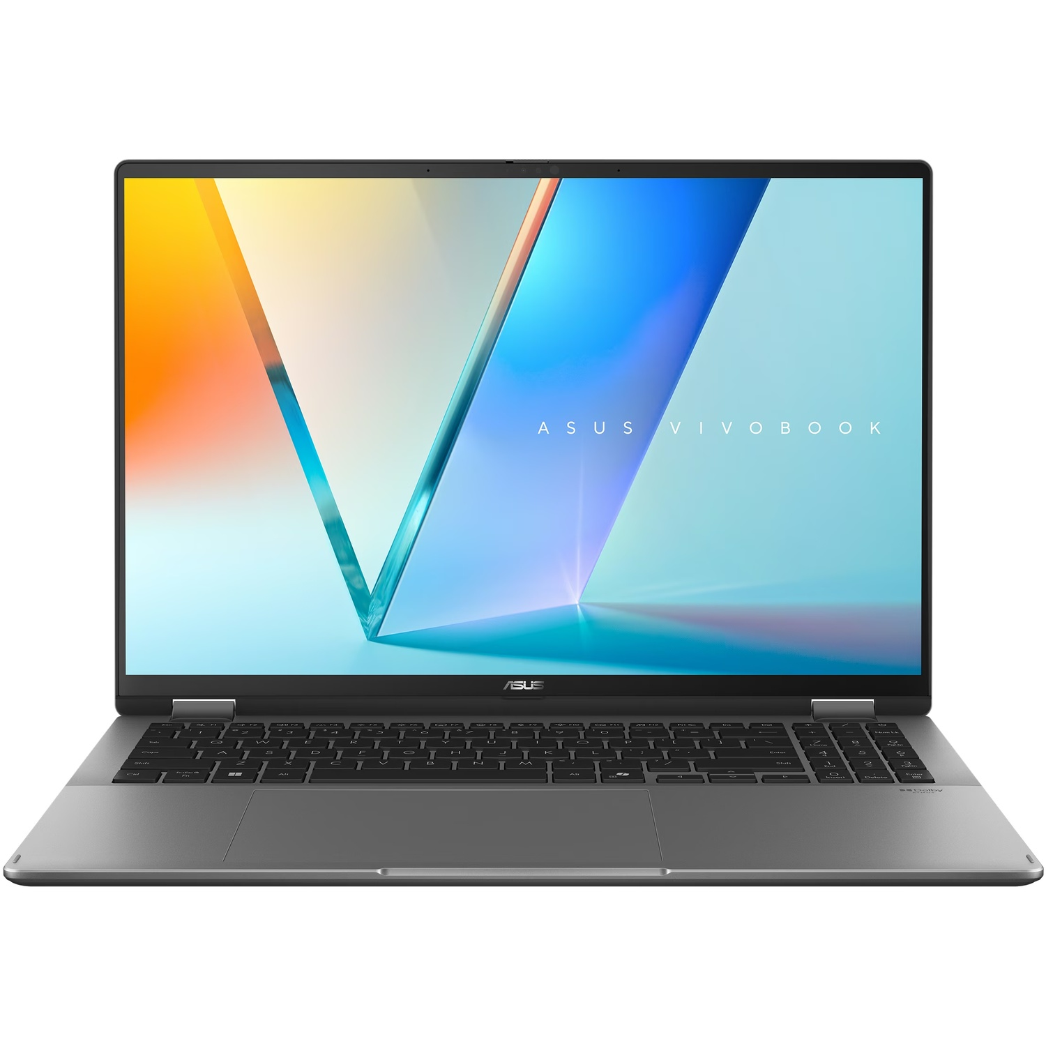 Vue de face d'un ordinateur portable Asus Vivobook argenté avec des graphiques d'écran colorés sur fond blanc.