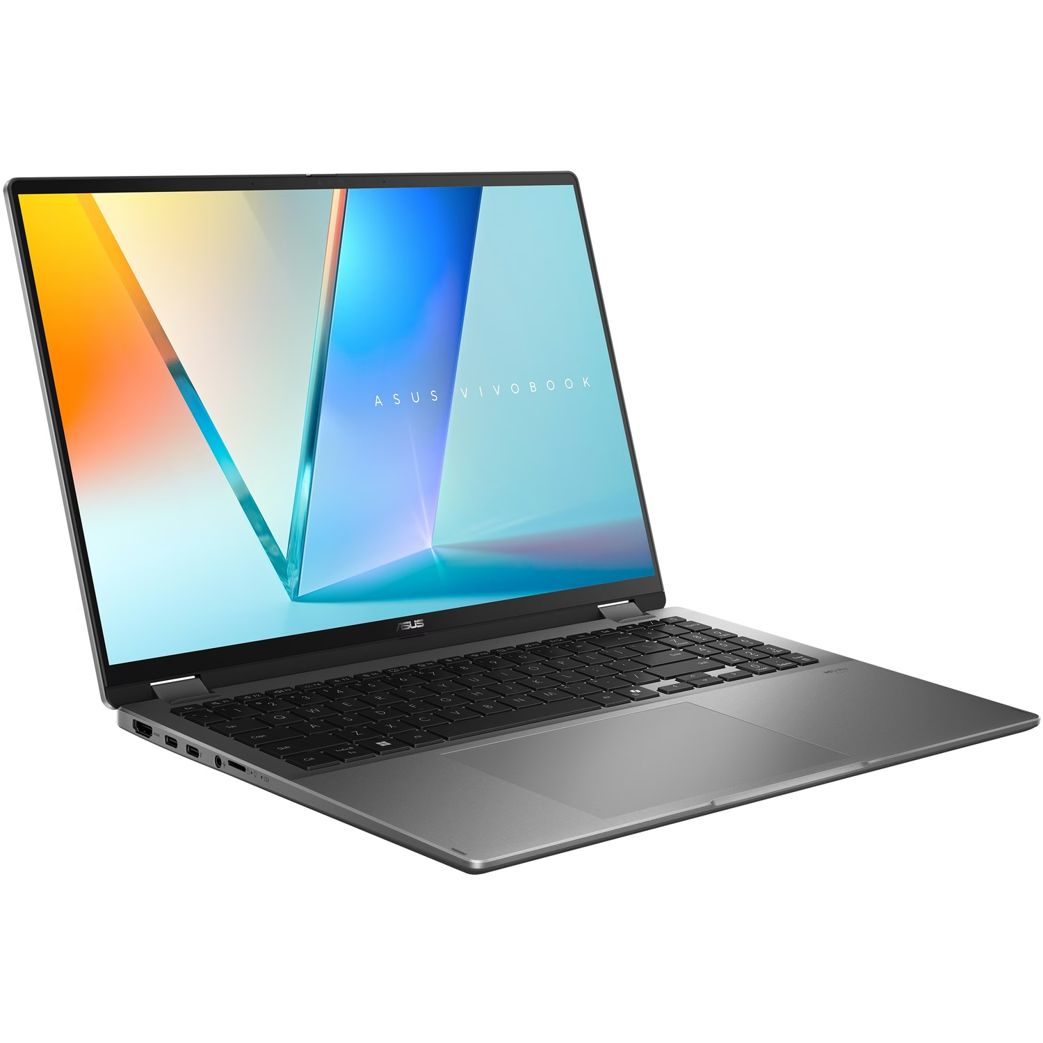 Un ordinateur portable Asus Vivobook argenté est légèrement incliné avec un écran coloré.