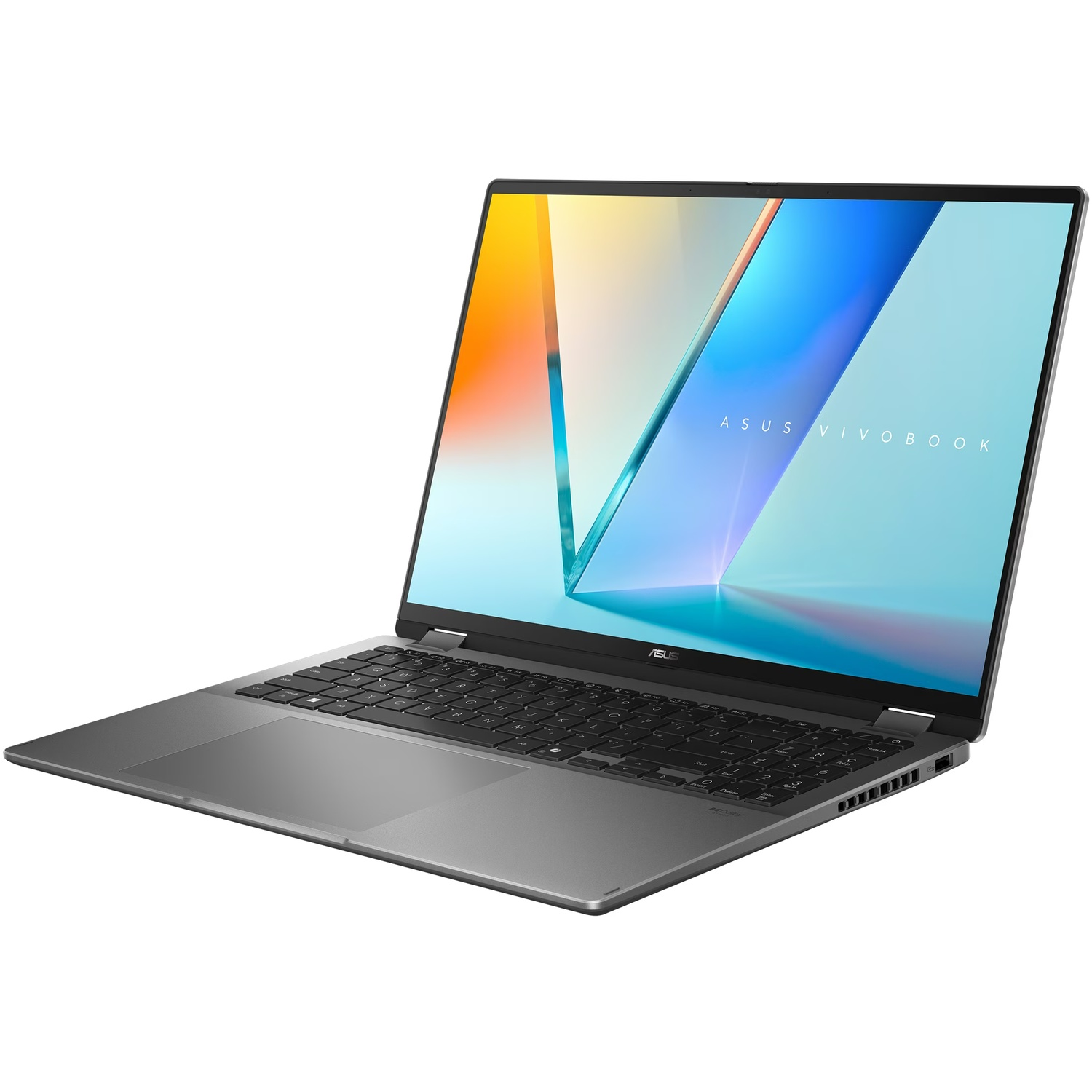 Un ordinateur portable Asus Vivobook gris est ouvert sur fond blanc avec un écran coloré.