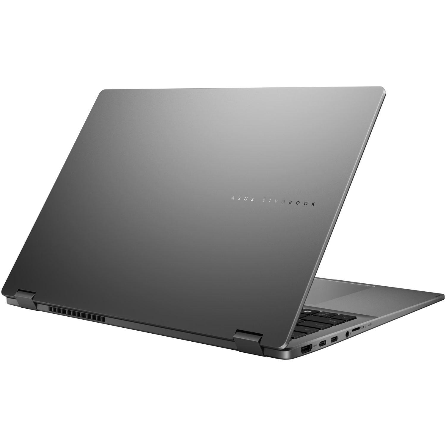 Un ordinateur portable Asus Vivobook gris est fermé sur fond blanc, le devant affiche le logo.