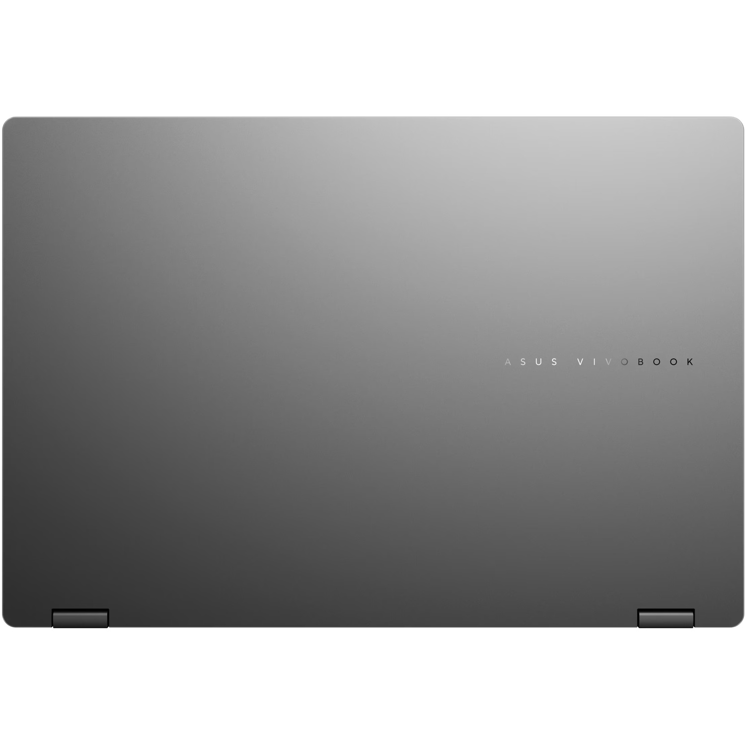 Couvercle supérieur fermé d'un ordinateur portable Asus Vivobook gris avec logo argenté.