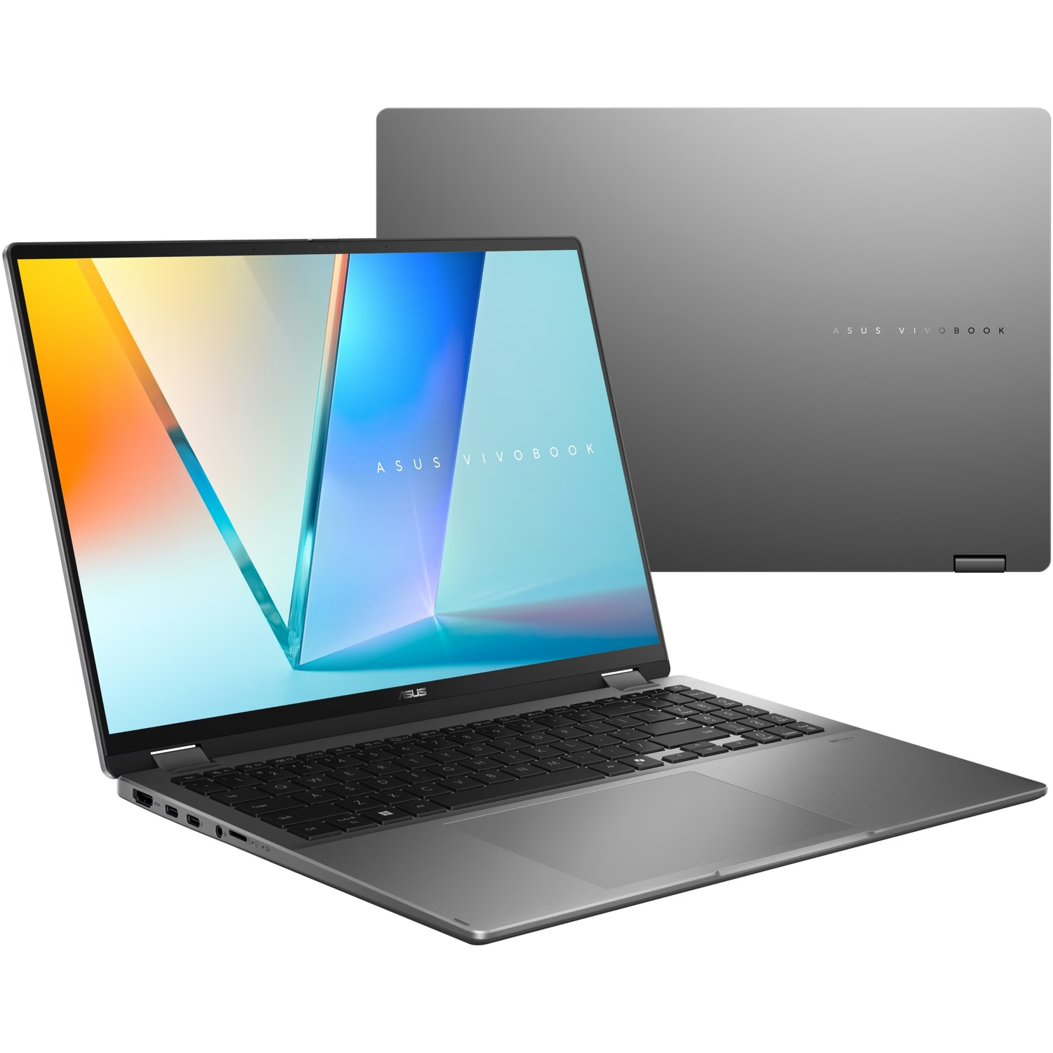 Ordinateur portable gris Asus Vivobook ouvert avec ecran colore et ferme en arriere-plan sur fond blanc.