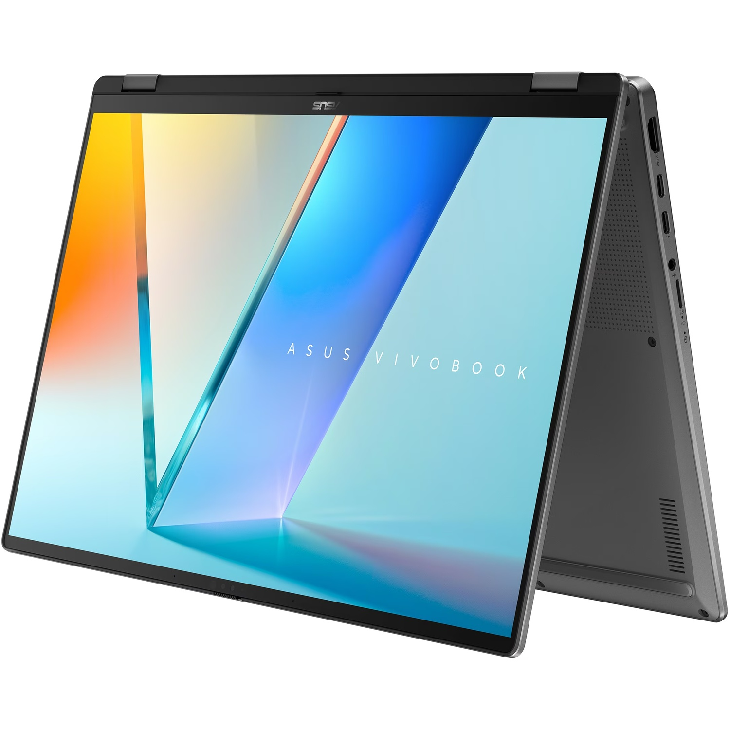 Un ordinateur portable ASUS VivoBook en mode tente sur fond blanc.