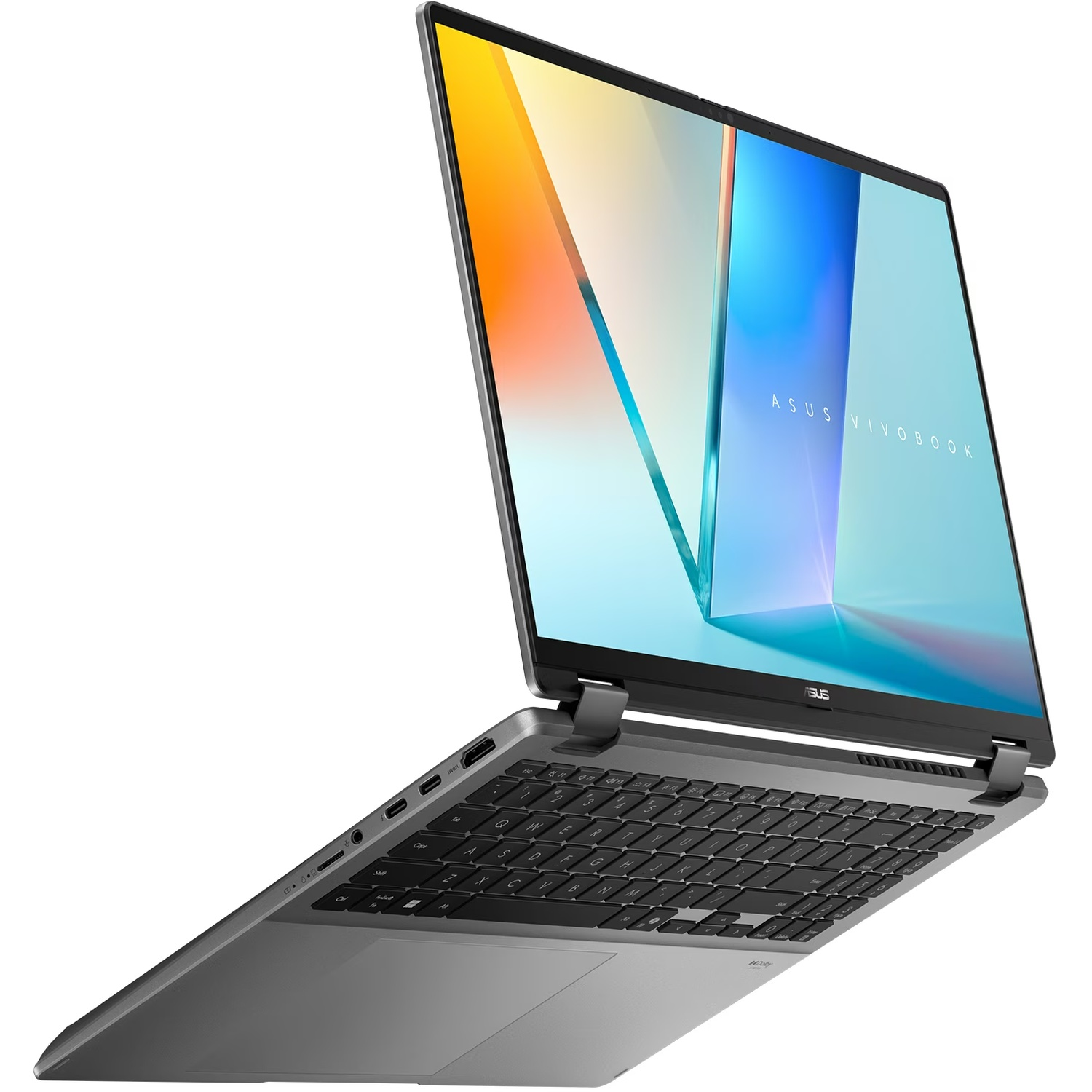 Un ordinateur portable ASUS Vivobook vu sous un angle, avec un fond d'écran coloré et un clavier sombre.